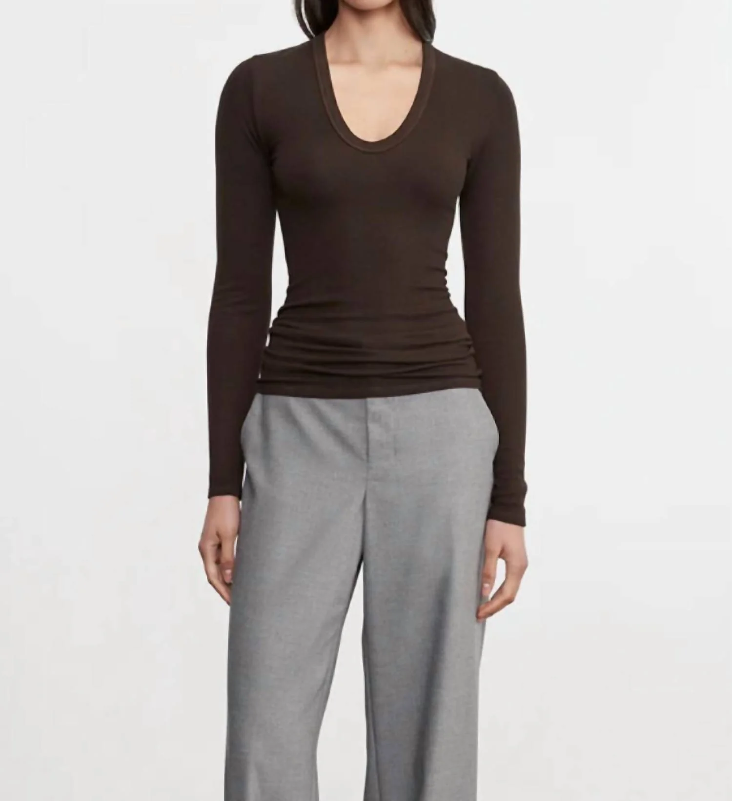 Rib Bold Long Sleeve U Top In Coffee Bean