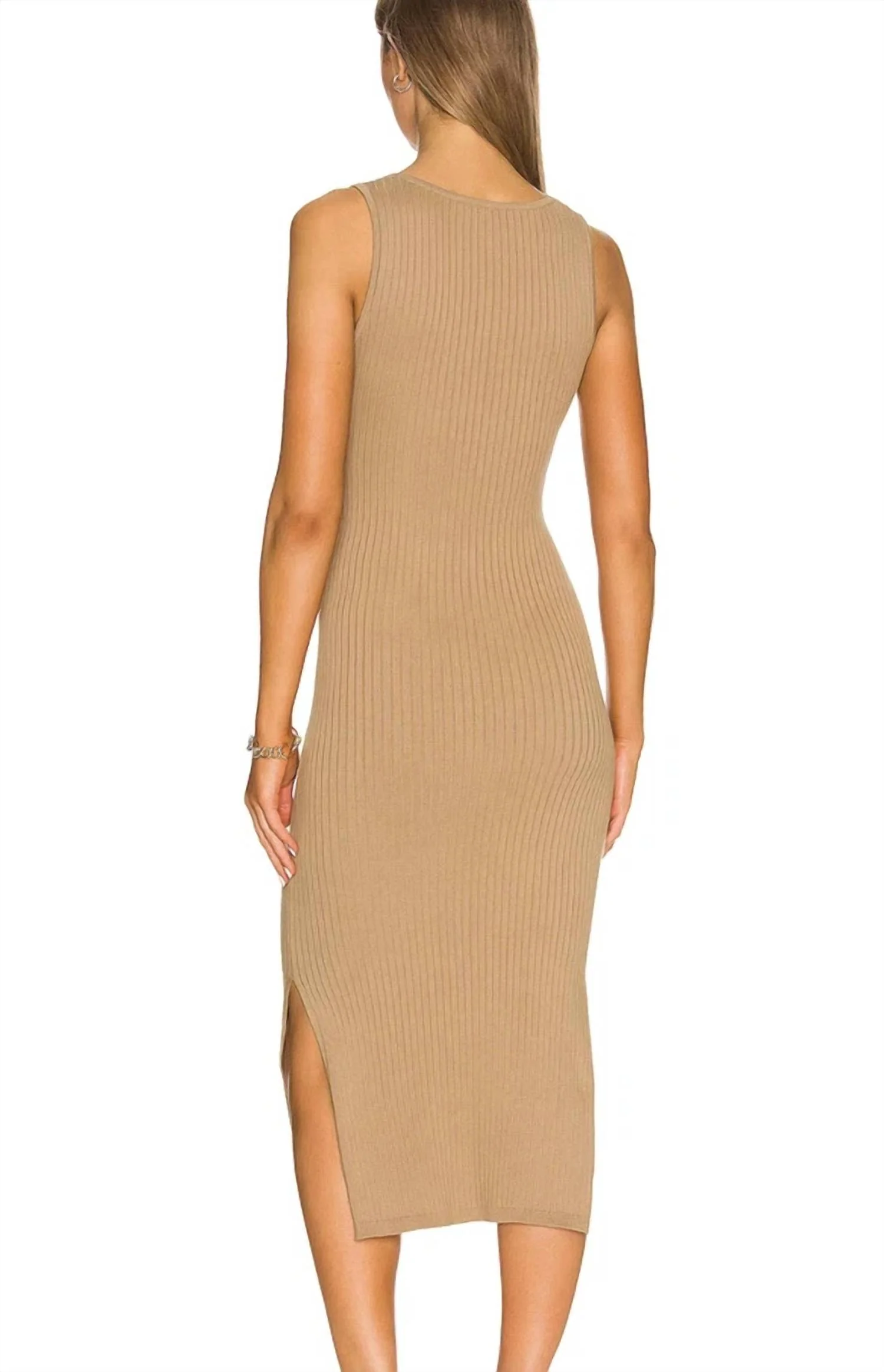 Rib Knit Tie Midi Dress In Taupe - Image 3