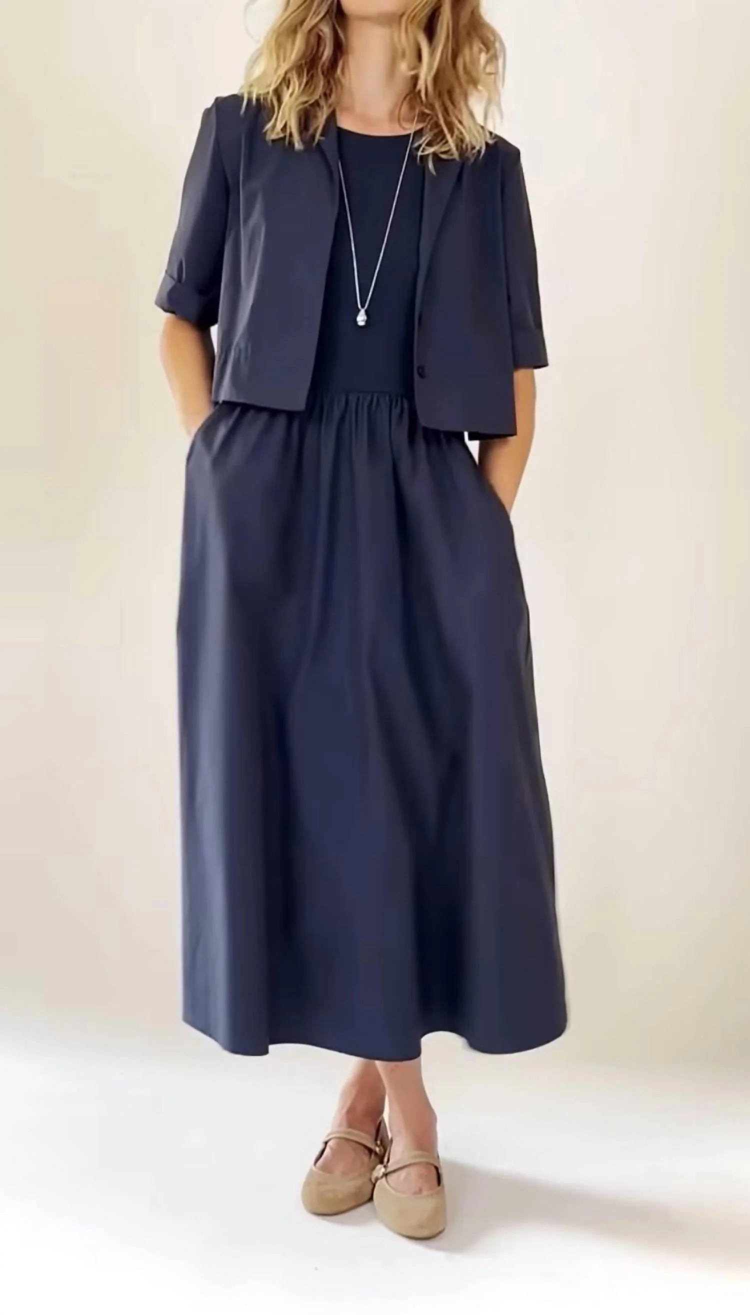 Rib Knit Woven Combo Dress In Navy