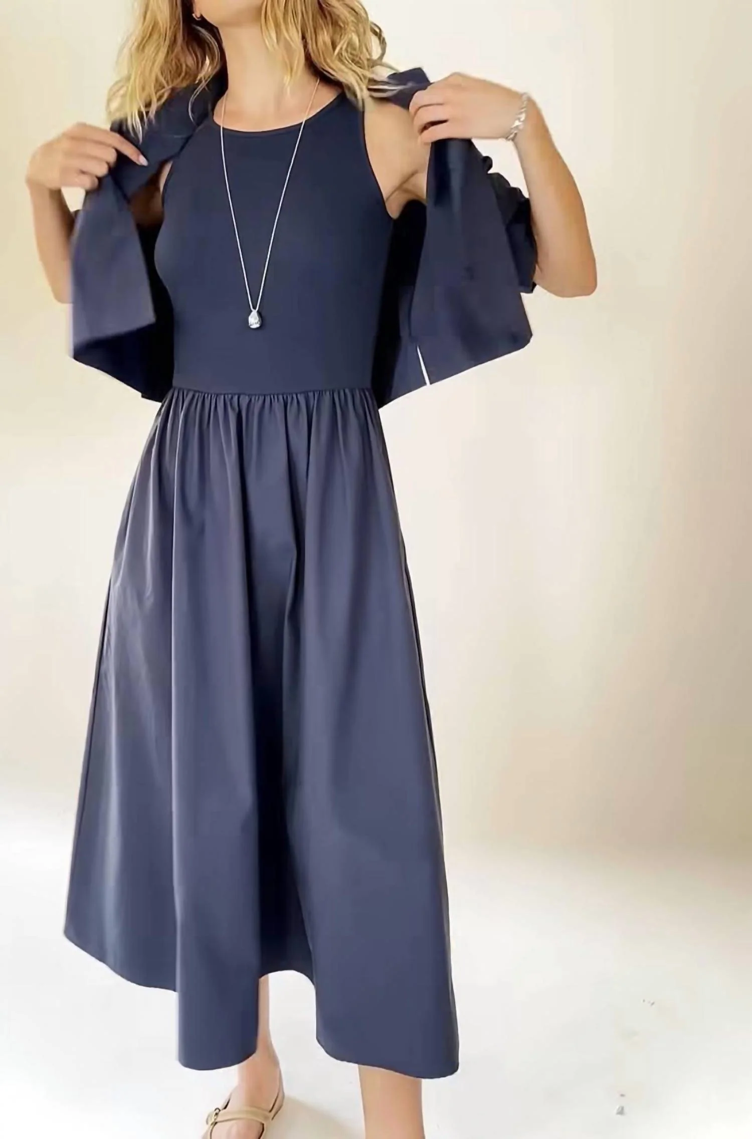 Rib Knit Woven Combo Dress In Navy - Image 2
