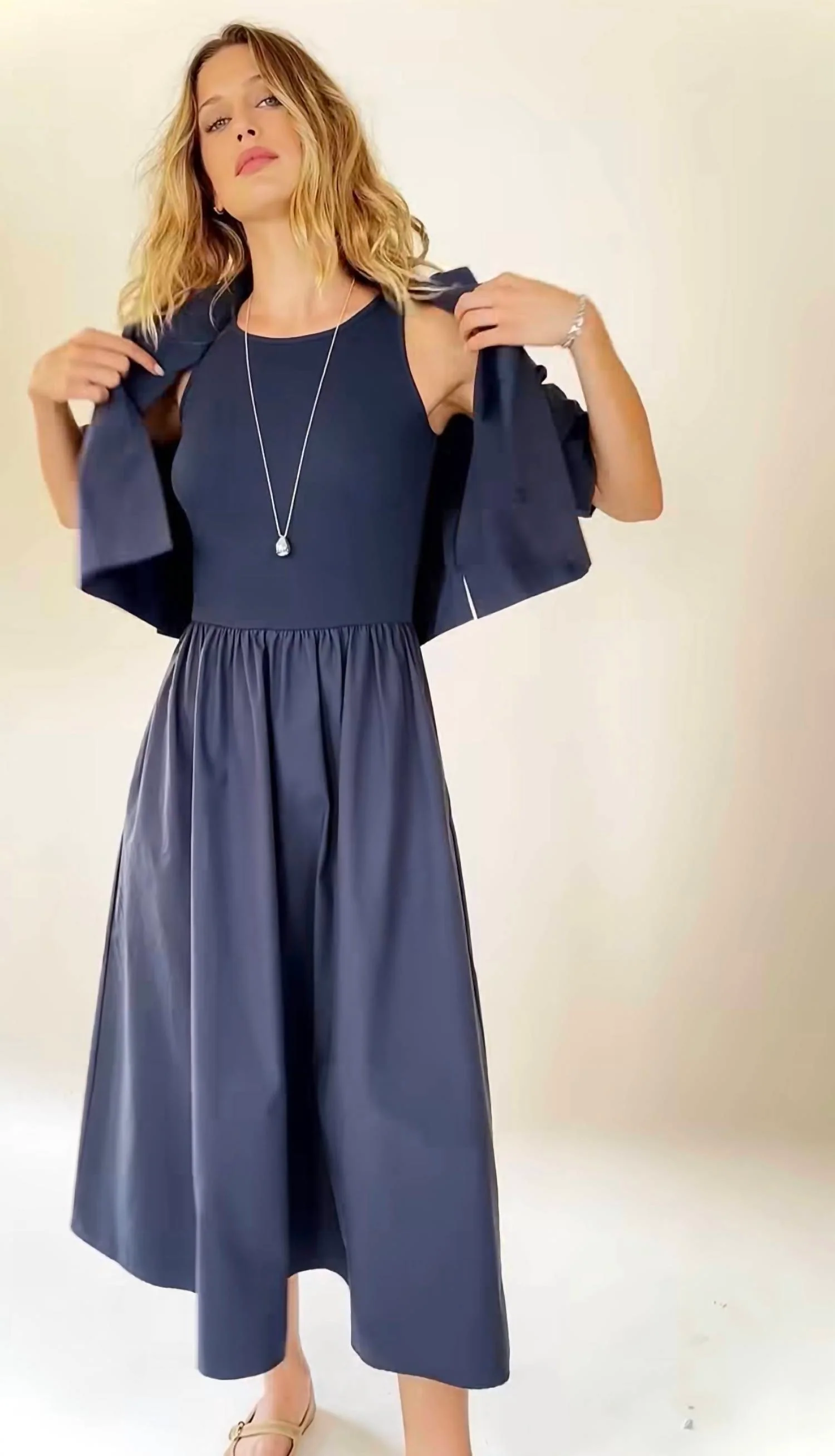 Rib Knit Woven Combo Dress In Navy - Image 3