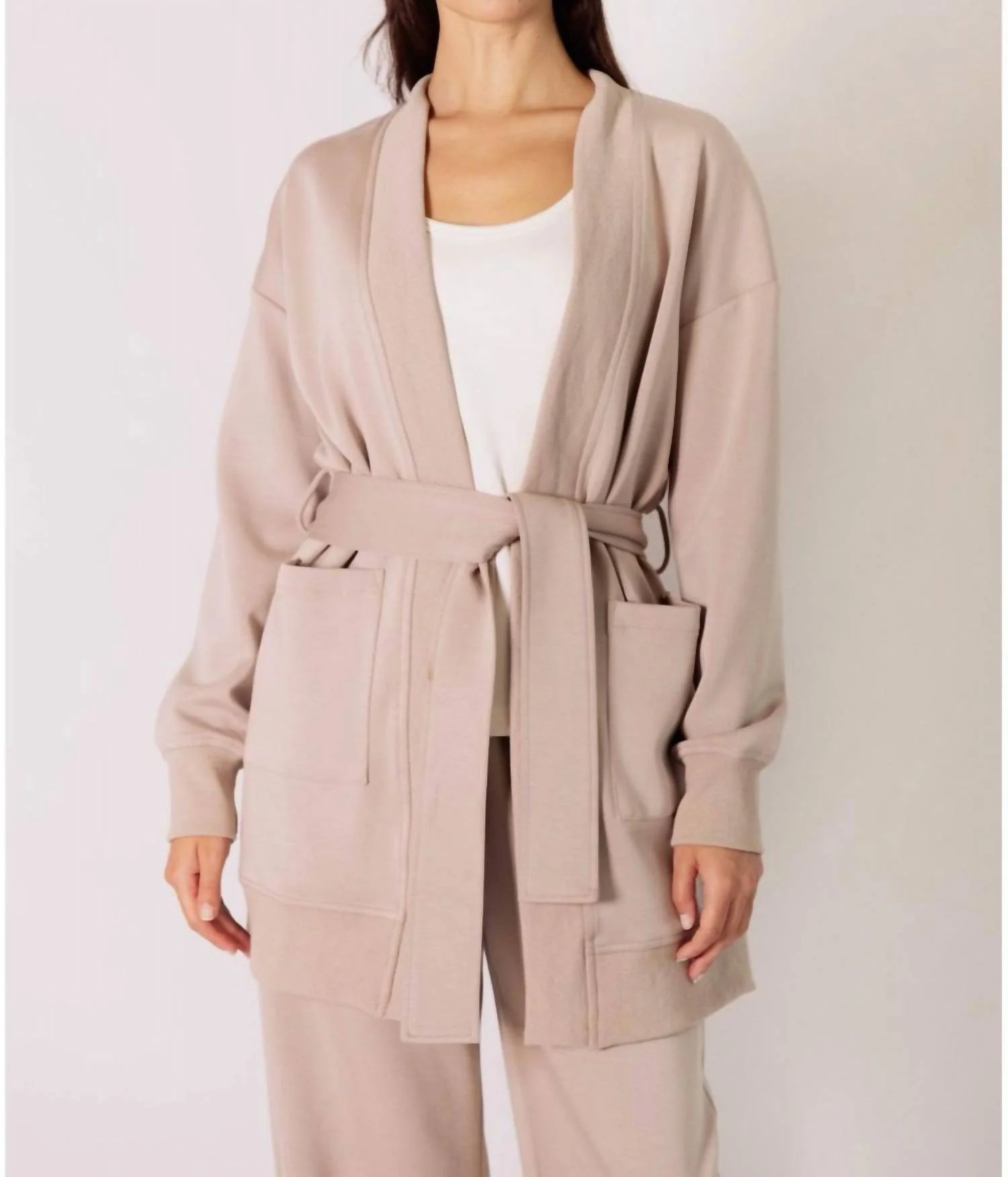 Ribbed Contrast Robe In Taupe