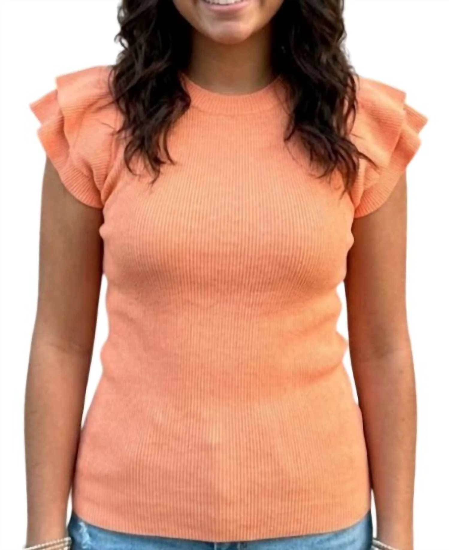 Ribbed Knit Flutter Sleeve Top In Tangerine