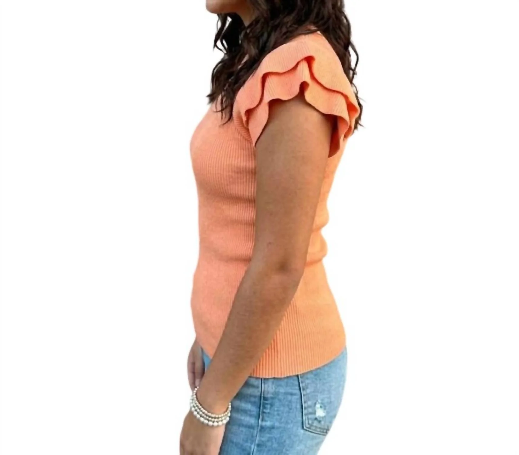 Ribbed Knit Flutter Sleeve Top In Tangerine - Image 2