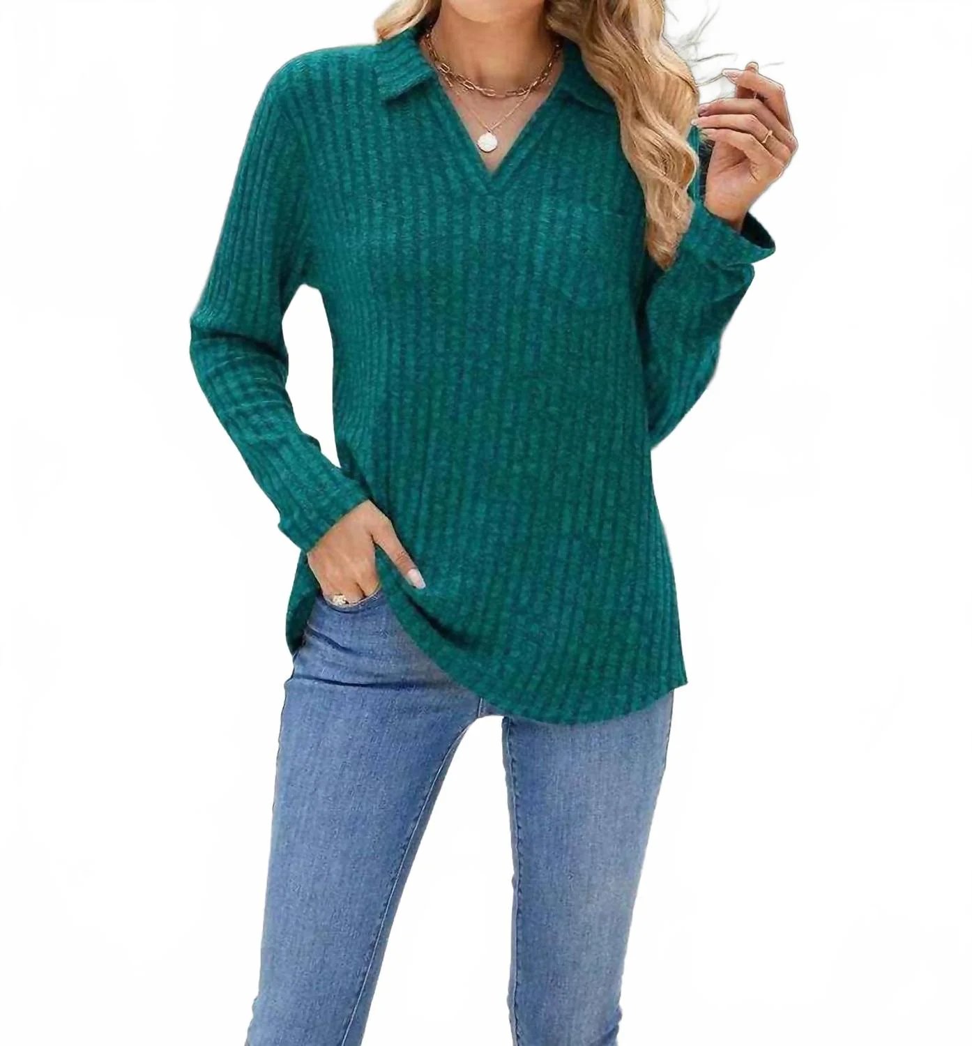 Ribbed Knit Polo In Peacockblue - Image 2