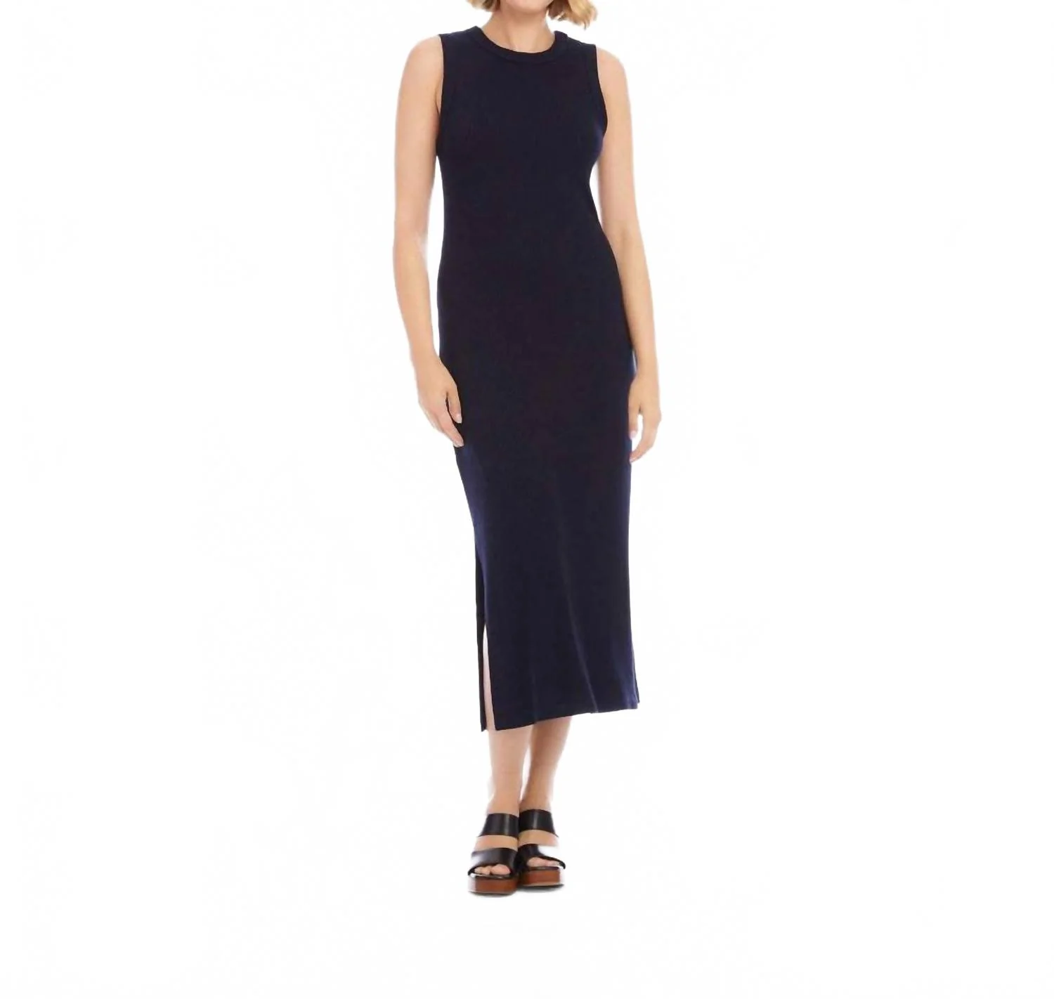 Ribbed Sleeveless Midi Column Dress In Navy