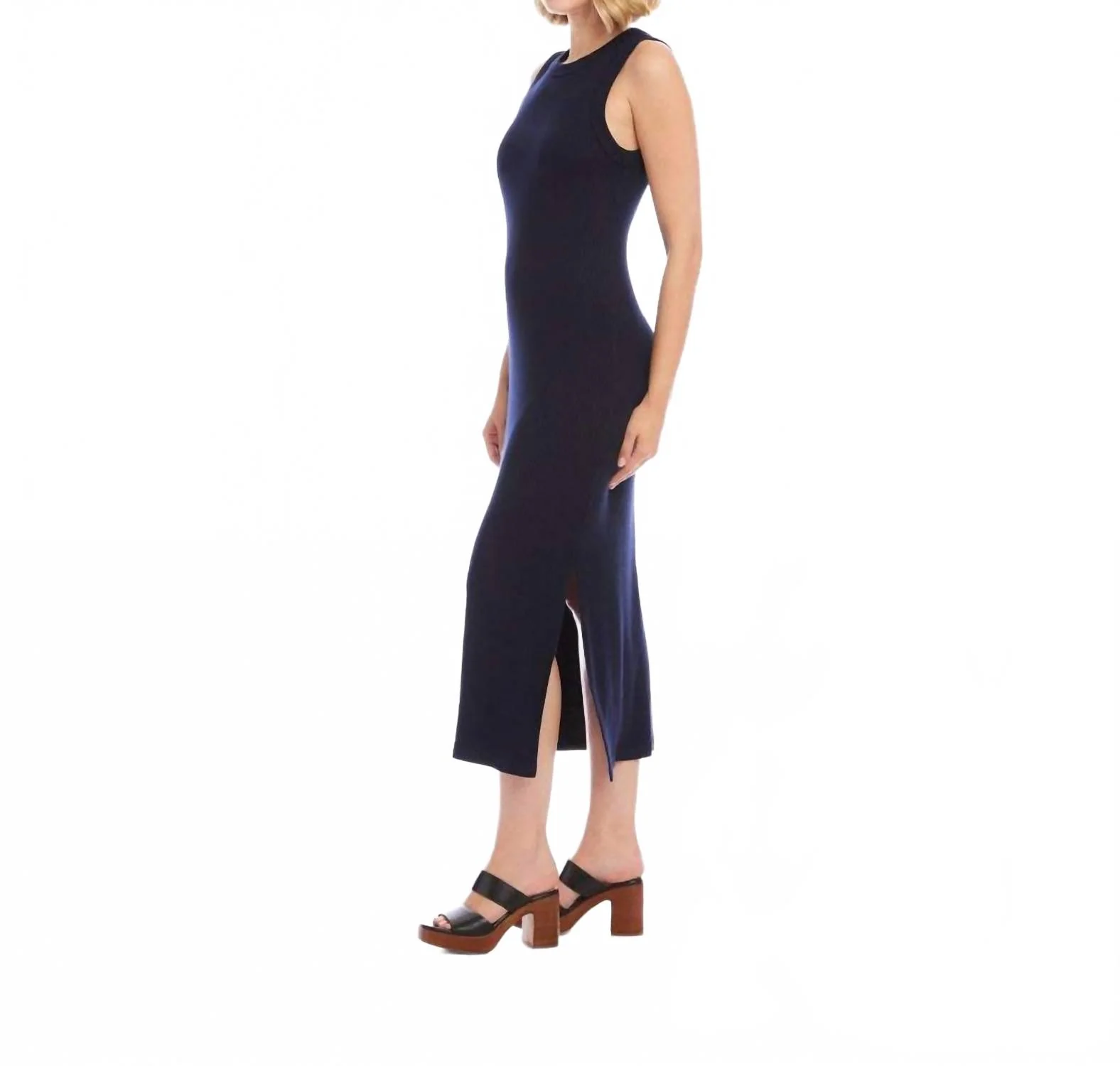 Ribbed Sleeveless Midi Column Dress In Navy - Image 2