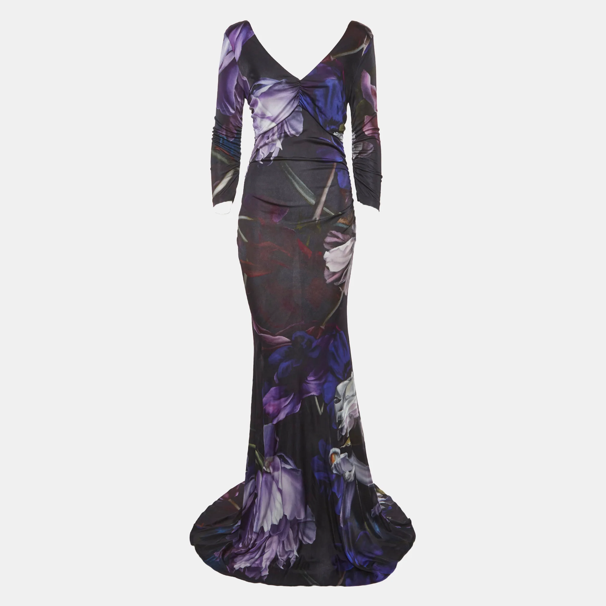 Roberto Cavalli Black Floral Print Jersey Maxi Dress