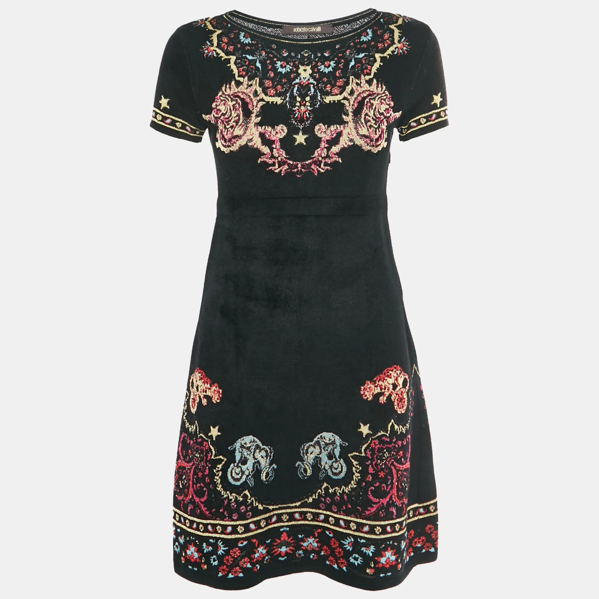 Roberto Cavalli Black Velvet Knit Crewneck Mini Dress