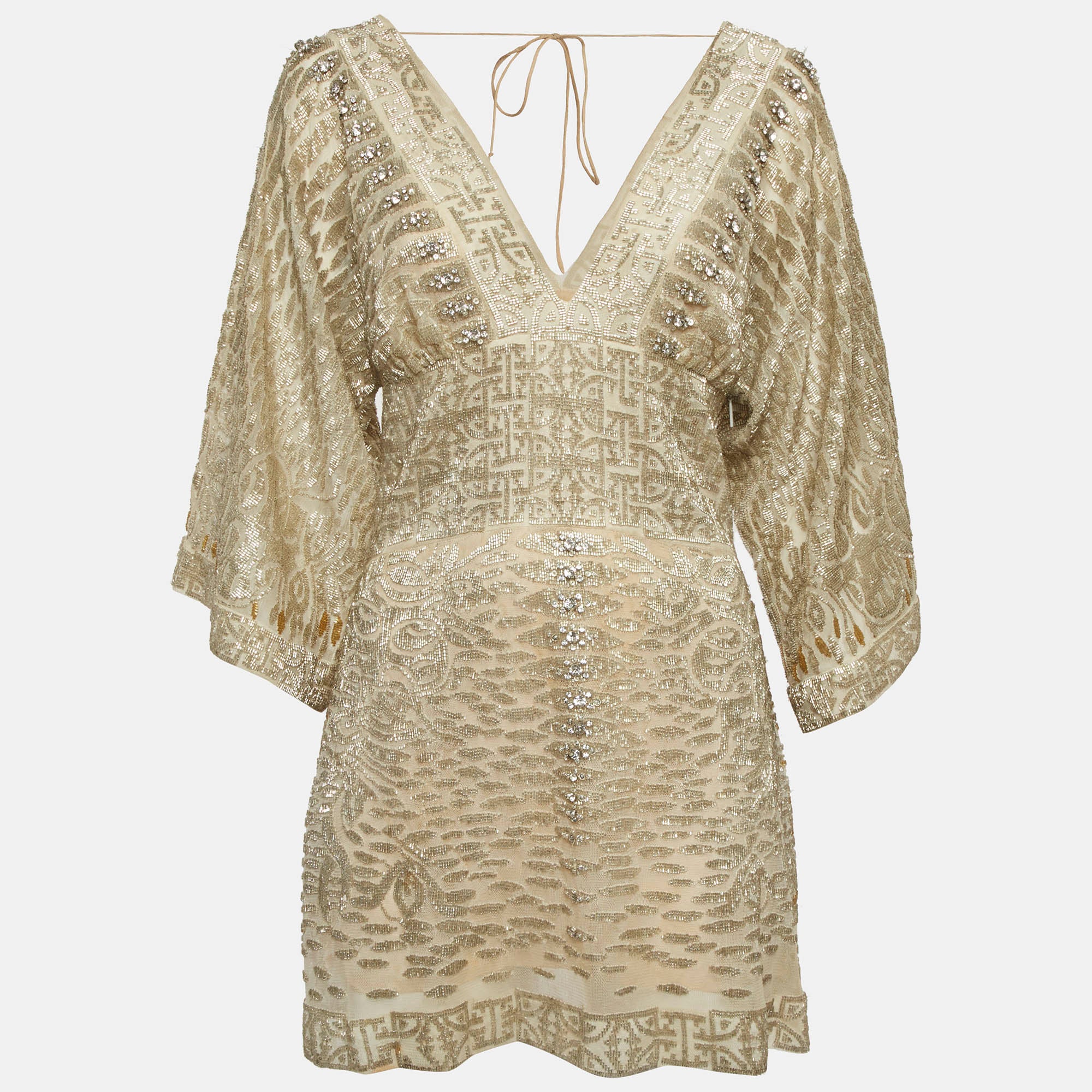 Roberto Cavalli Gold Embellished Silk Mini Dress