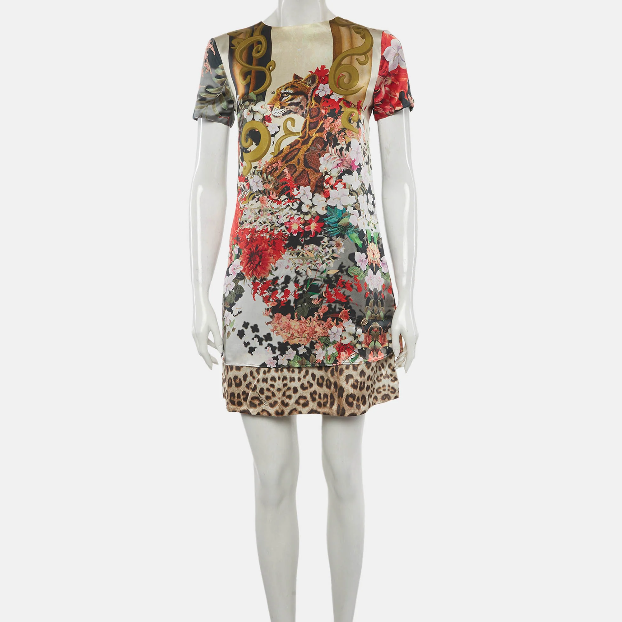 Roberto Cavalli Multicolor Floral And Leopard Print Satin Mini Dress - Image 2