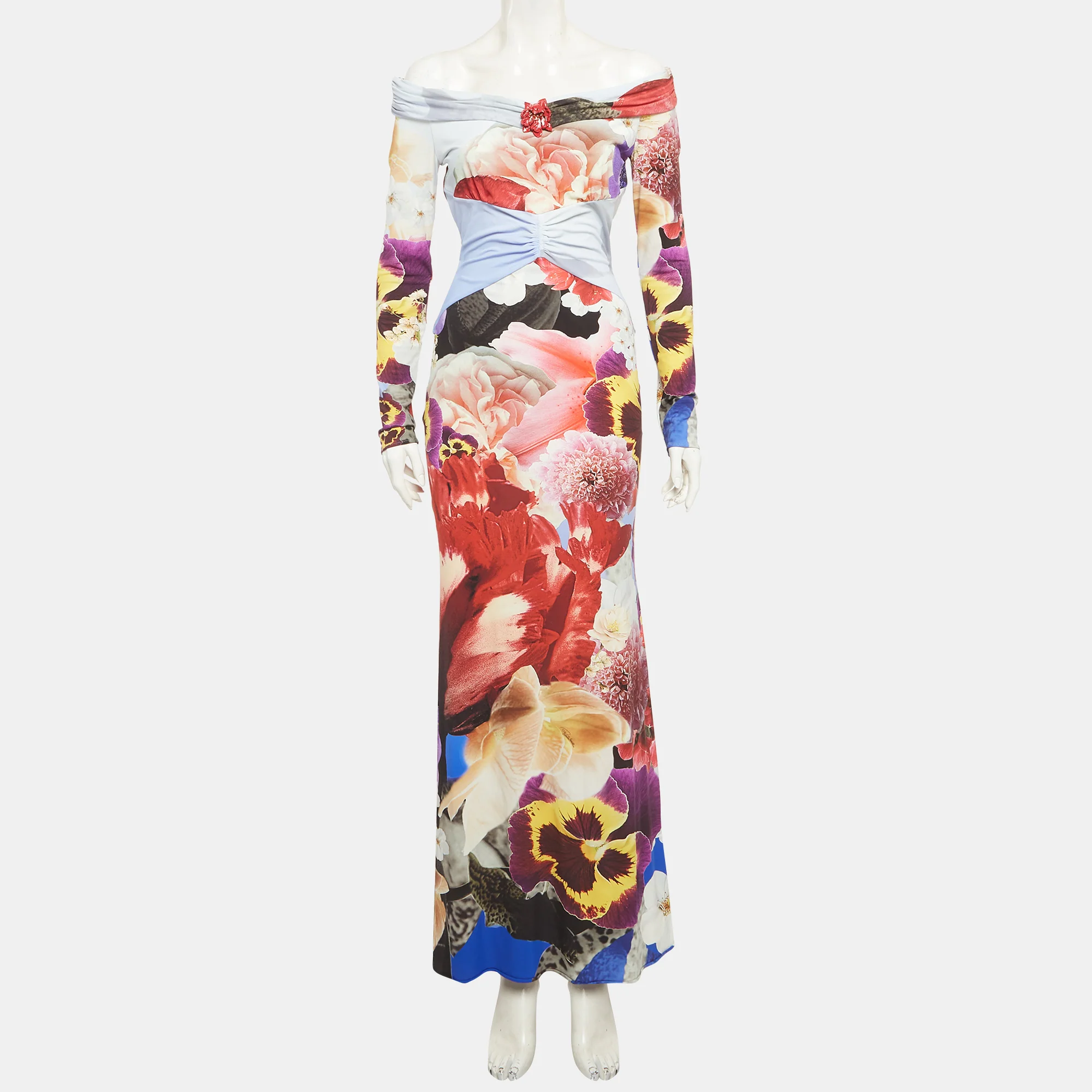 Roberto Cavalli Multicolor Floral Printed Jersey Off Shoulder Dress - Image 2