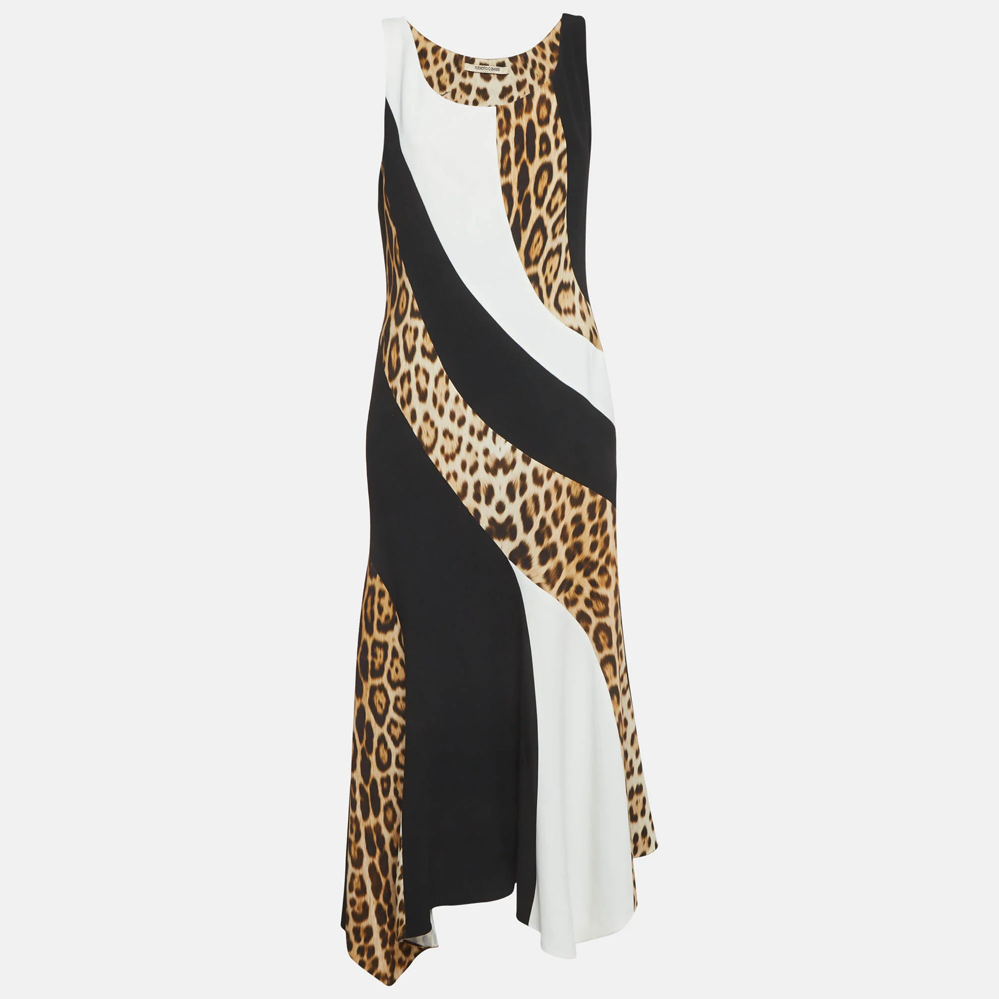 Roberto Cavalli Multicolour Leopard Print Stretch Crepe Asymmetric Maxi Dress