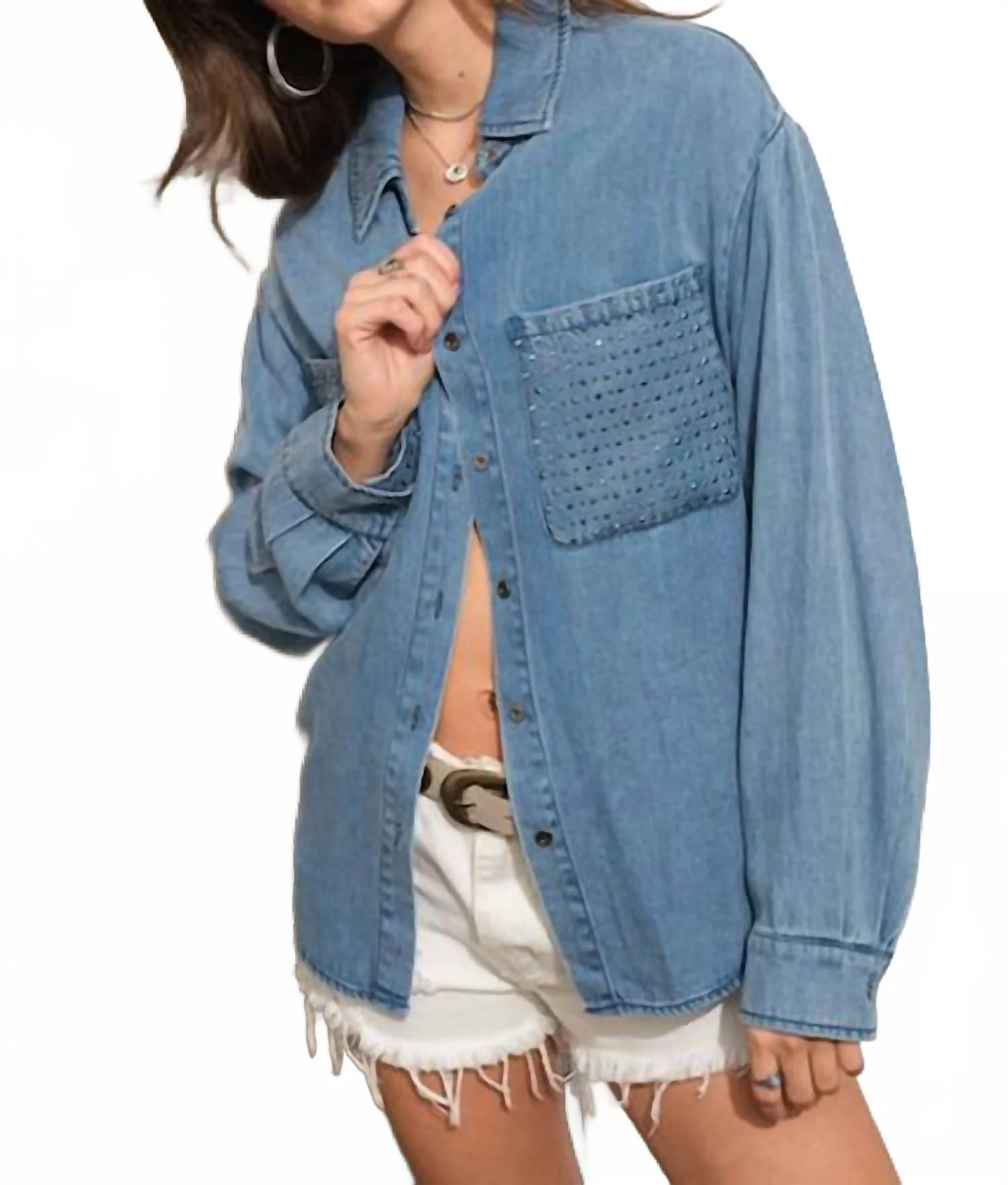 Rocksteady Denim Button-Up Top In Blue - Image 3