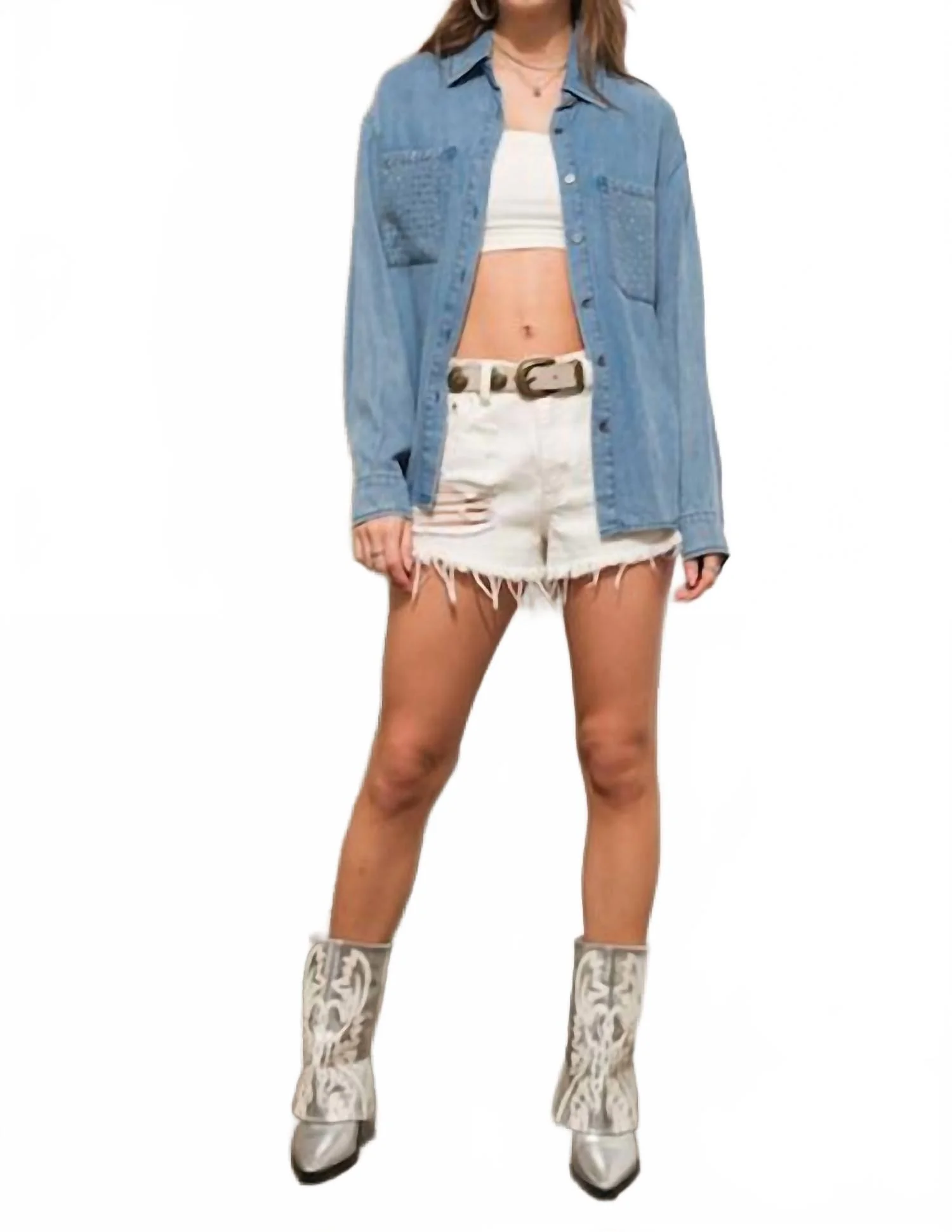 Rocksteady Denim Button-Up Top In Blue - Image 5