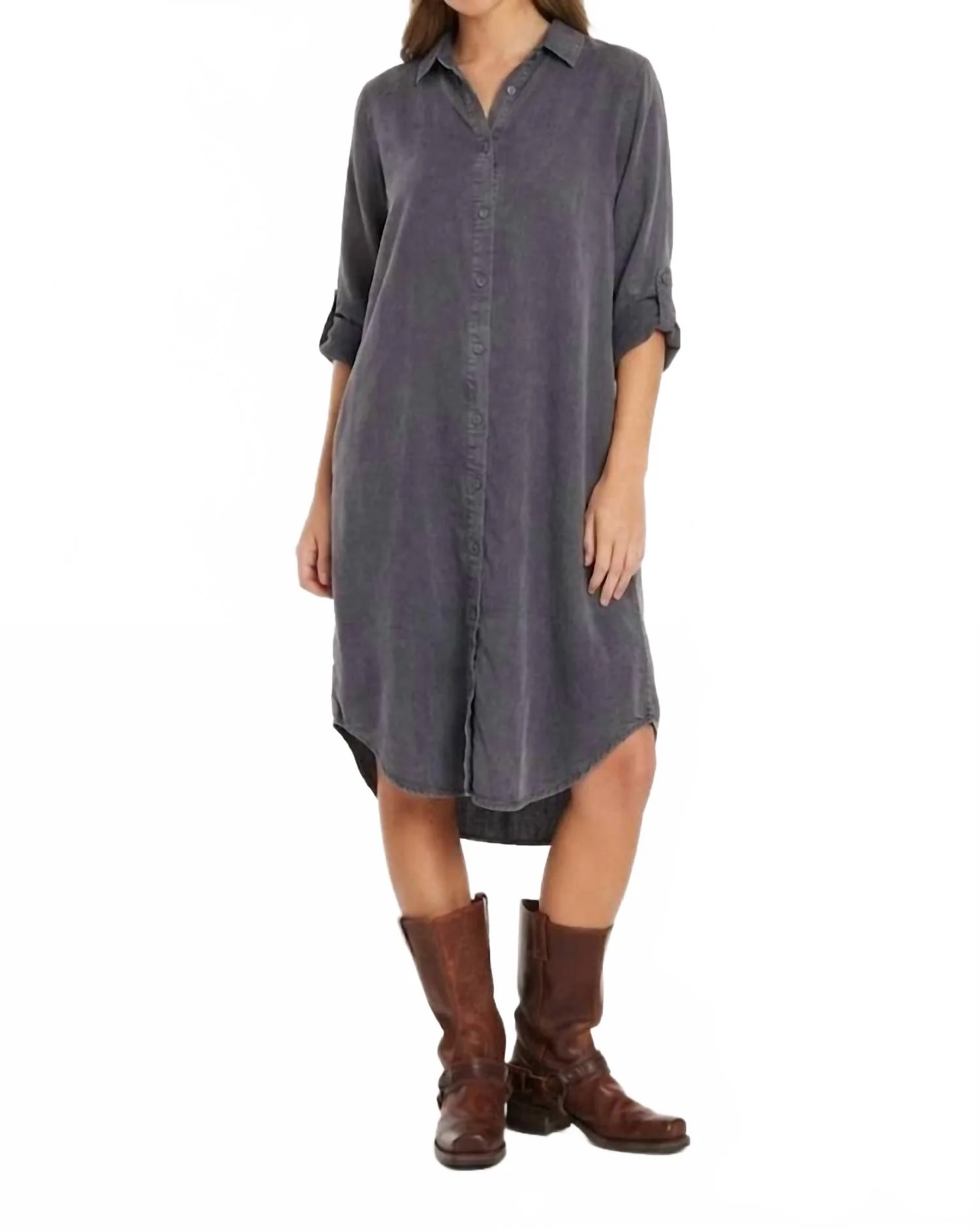 Roll Up Sleeve Midi Shirt Dress In Grey