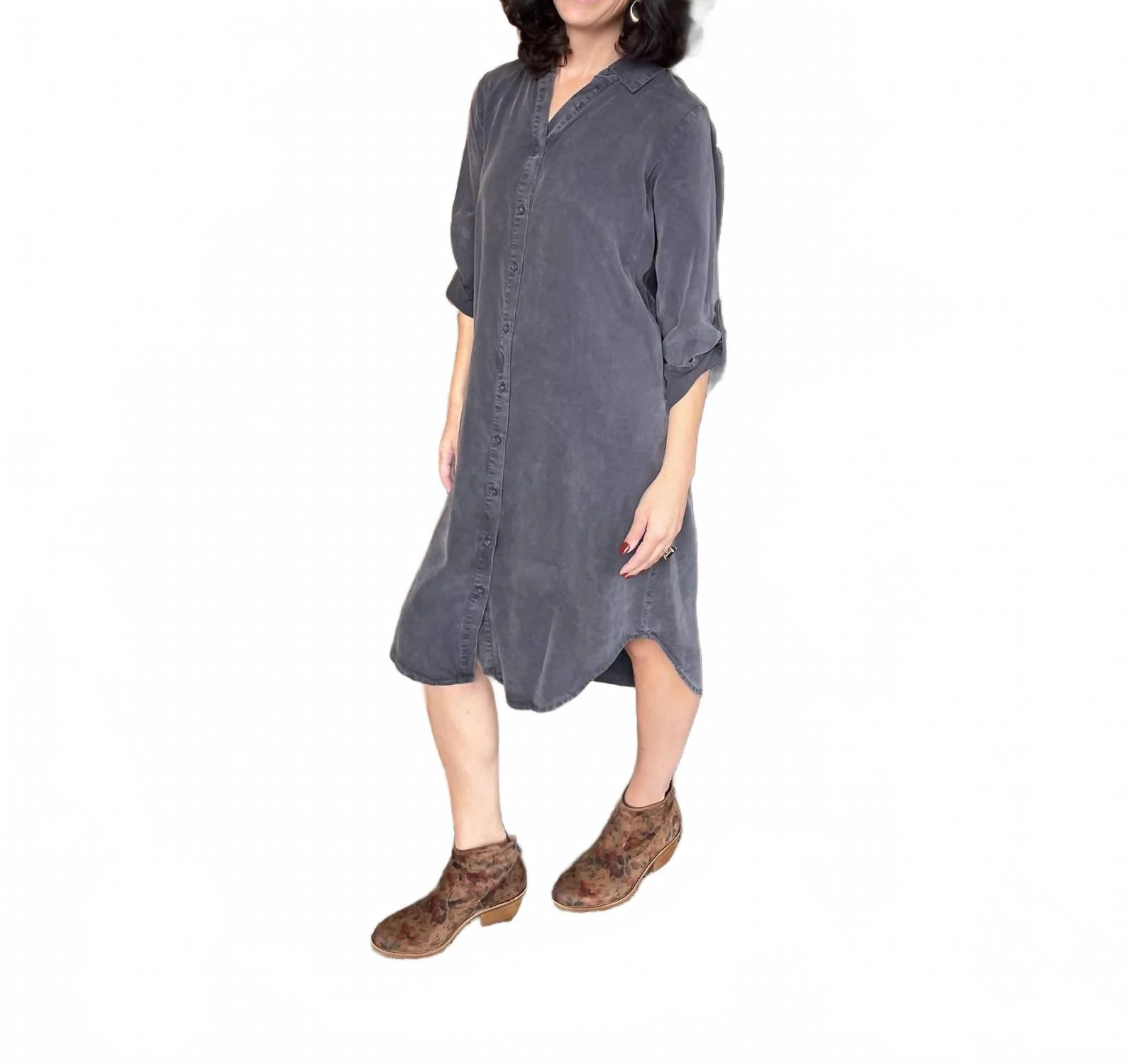 Roll Up Sleeve Midi Shirt Dress In Grey - Image 2