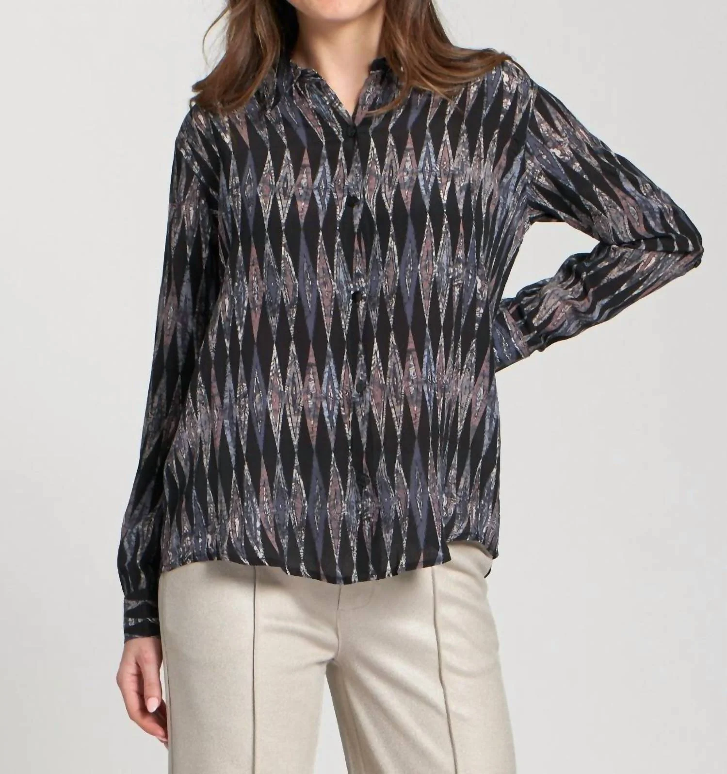 Roll-Up Sleeves Button-Up Blouse In Black Multi