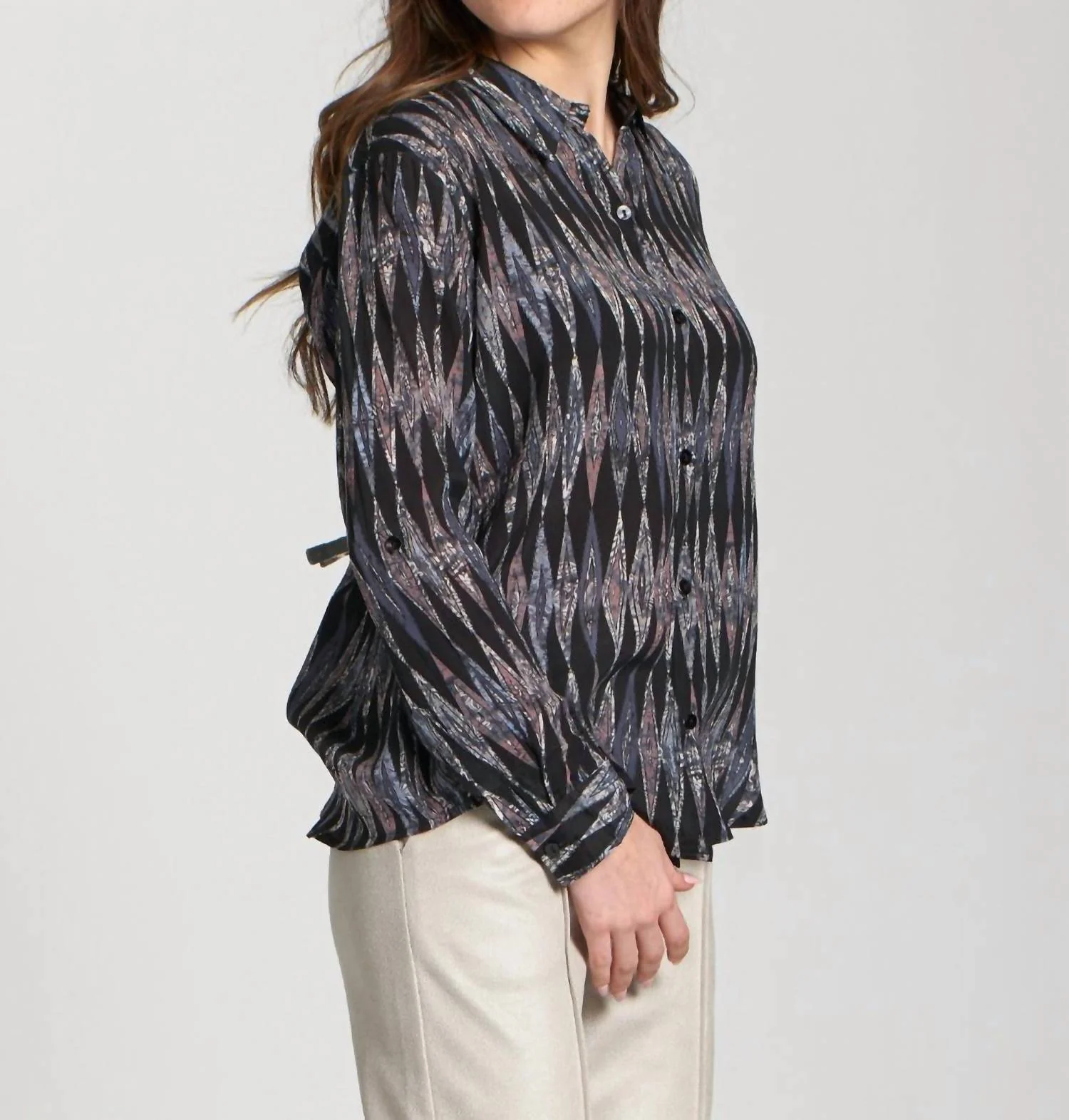 Roll-Up Sleeves Button-Up Blouse In Black Multi - Image 3