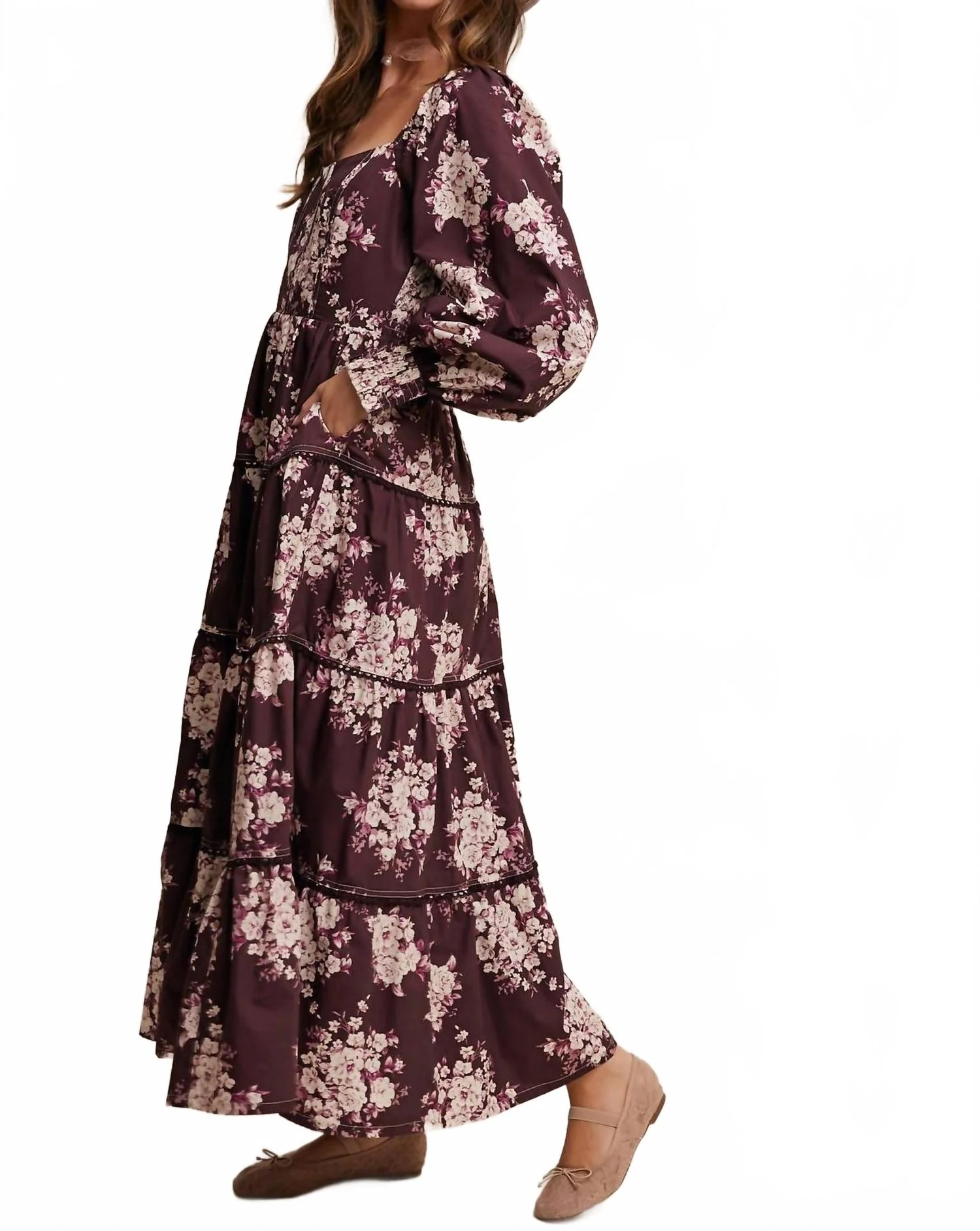 Romantic Floral Tiered Maxi Dress In Red Bean - Image 5