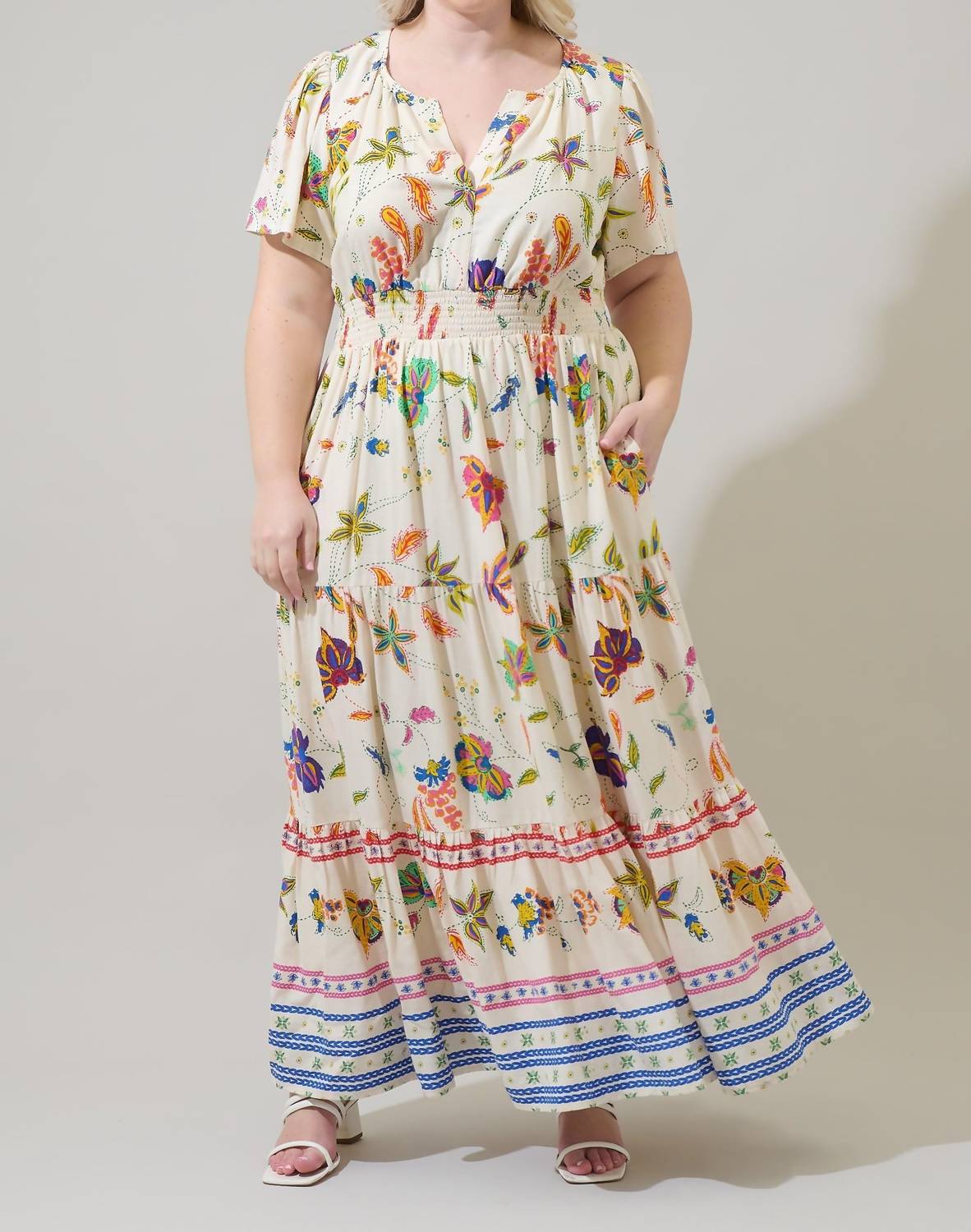 Rony Smocked Maxi Dress In Ivory/multi