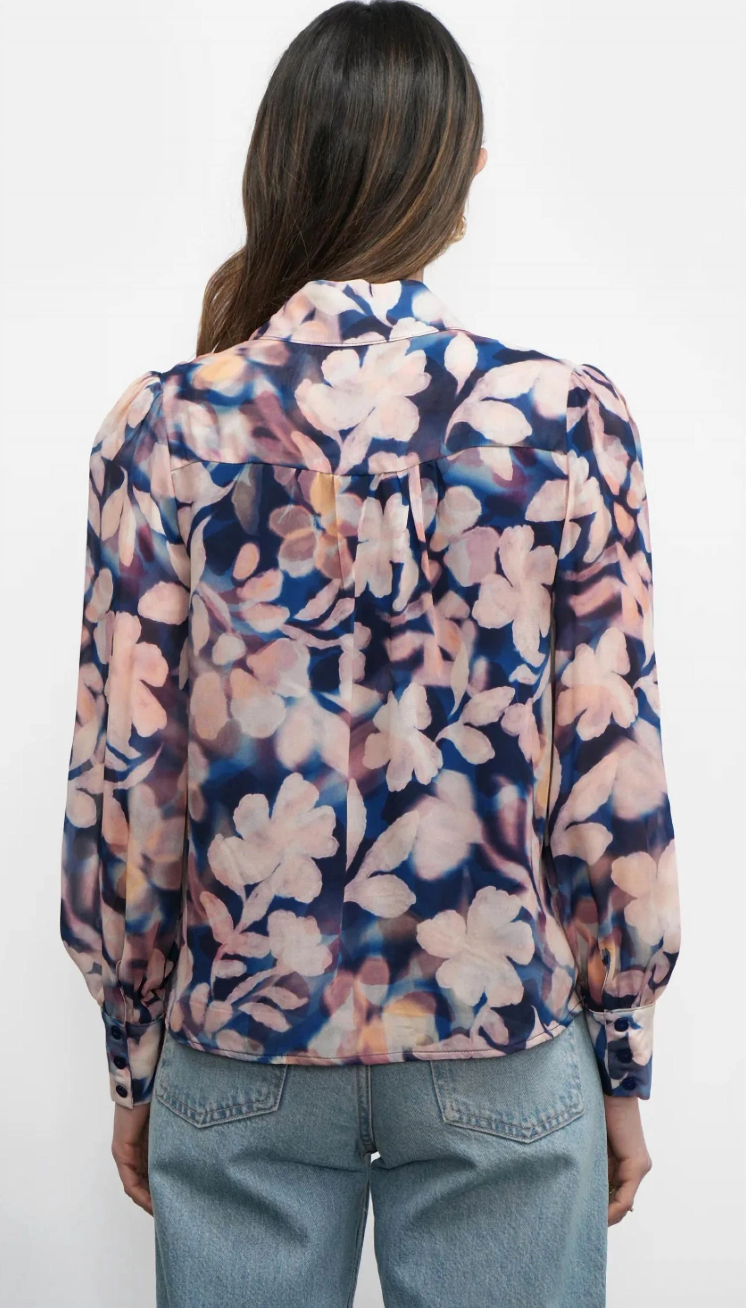 Rosabel Viscose Tie Neck Blouse In Navy Blush - Image 2