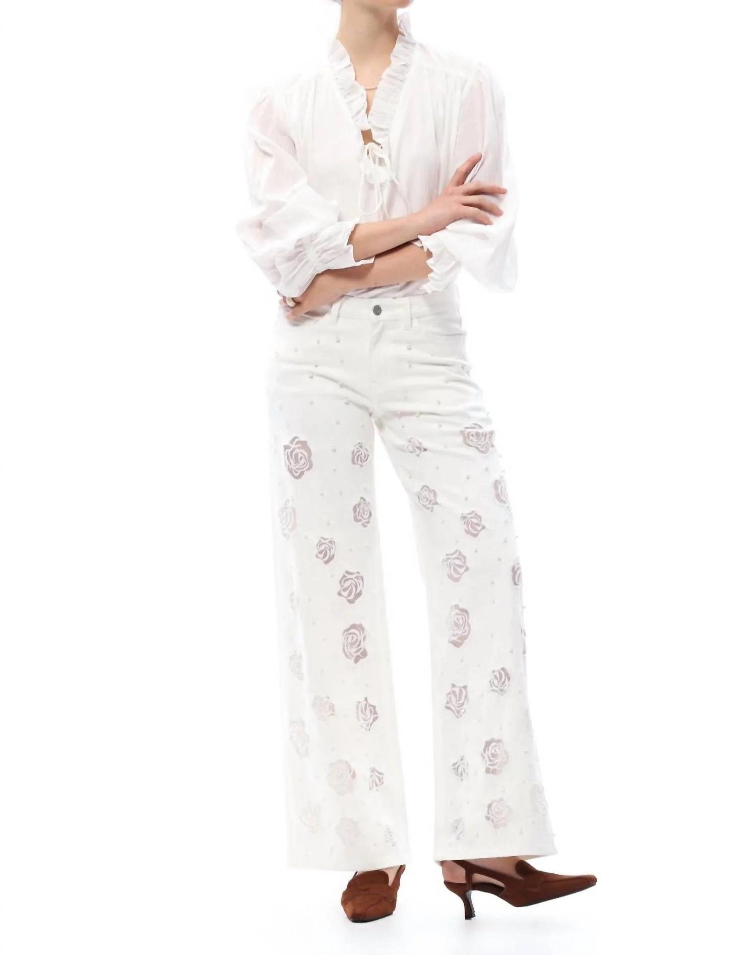Rose Cutout Mid Rise Wide Leg Jeans In White