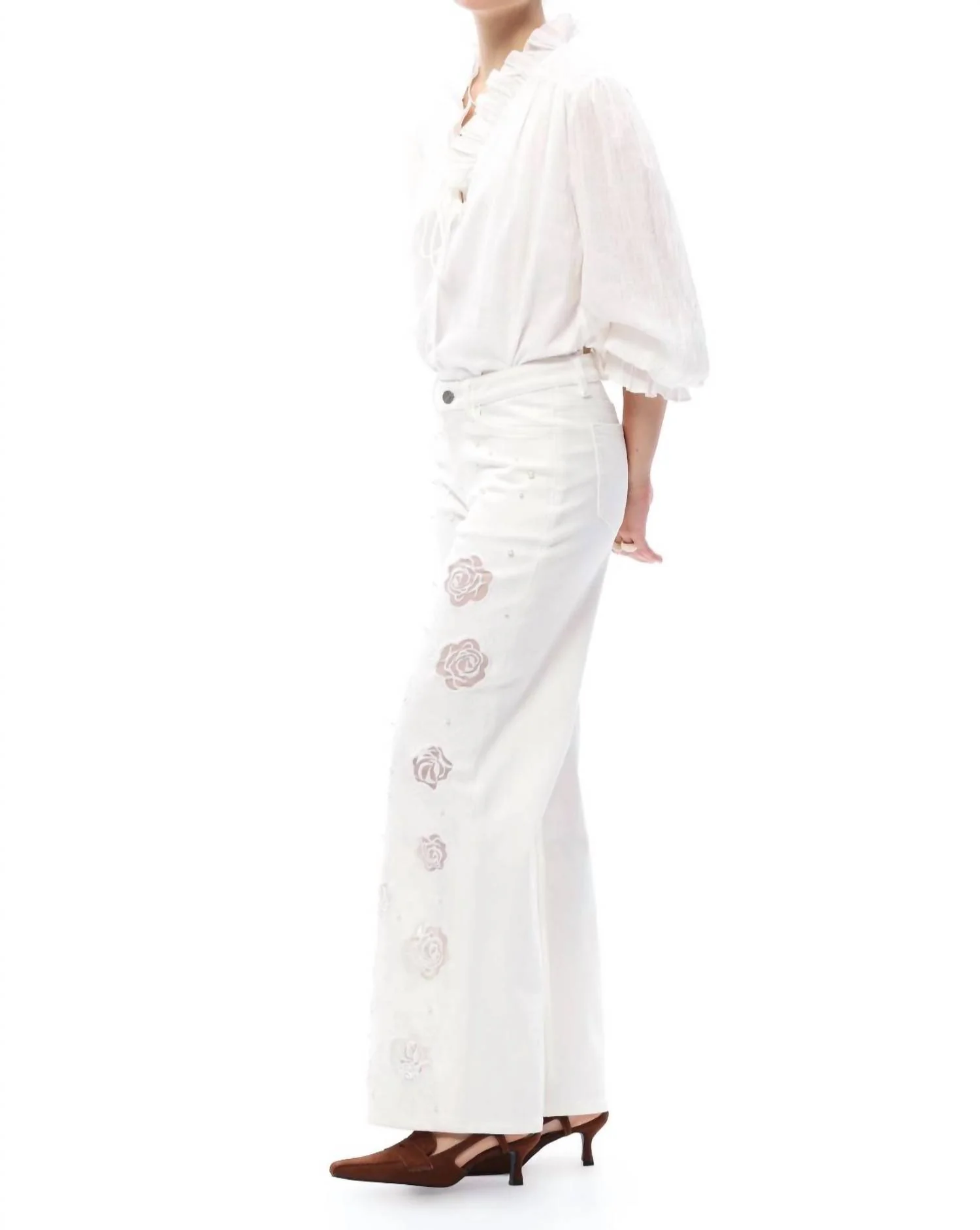 Rose Cutout Mid Rise Wide Leg Jeans In White - Image 2