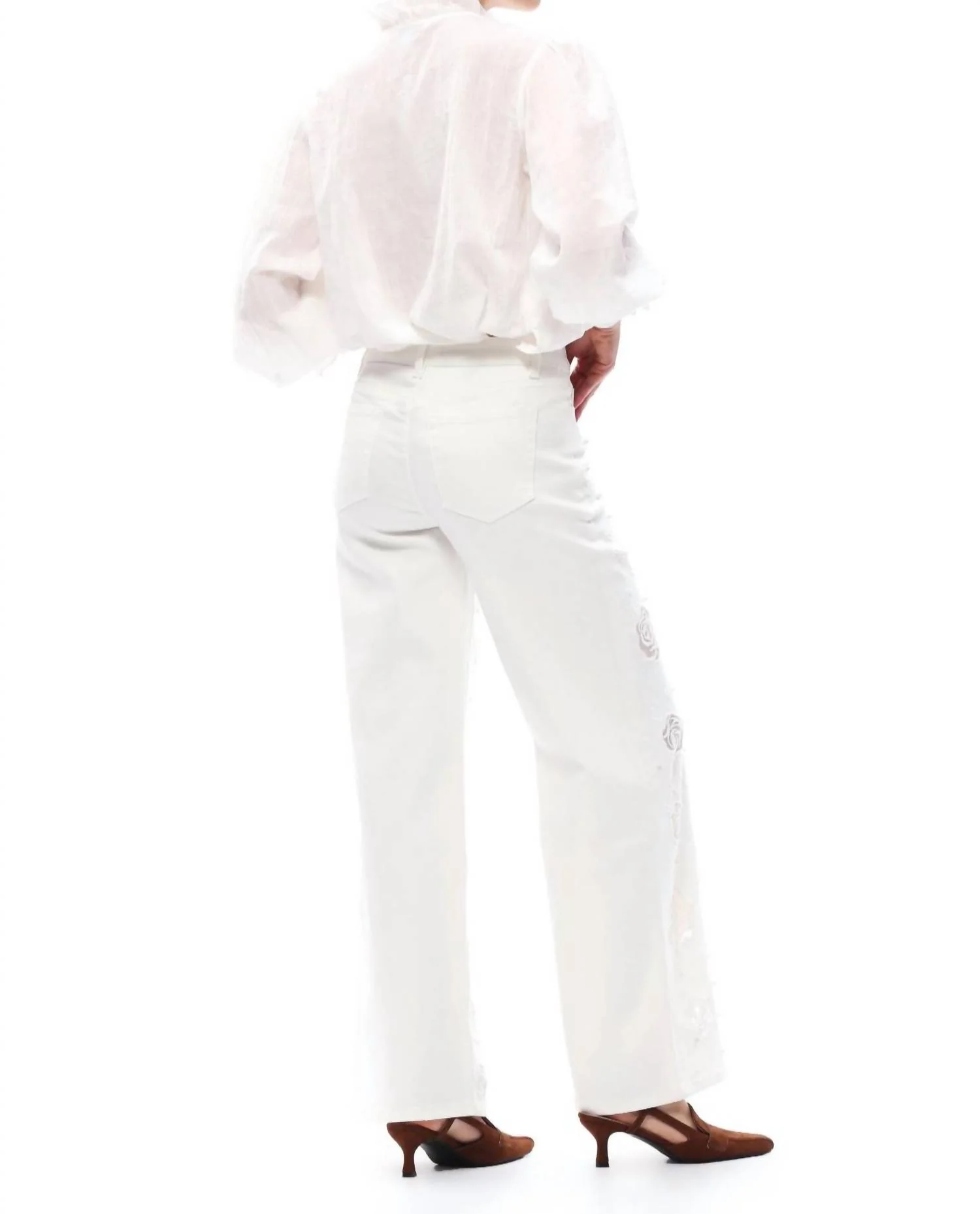 Rose Cutout Mid Rise Wide Leg Jeans In White - Image 3