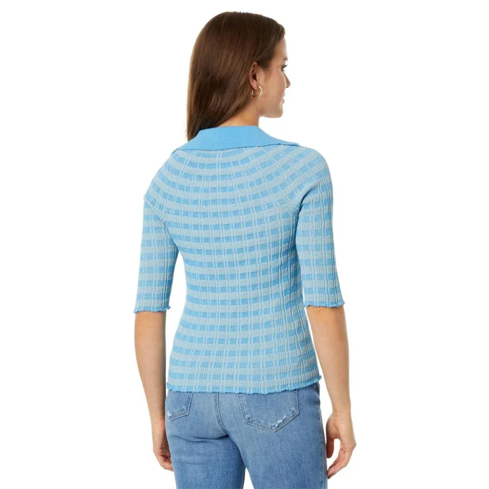 Rosetta Getty Polo Sweater Women's Blue Striped Short Sleeve Classic FROG 3 - Image 2