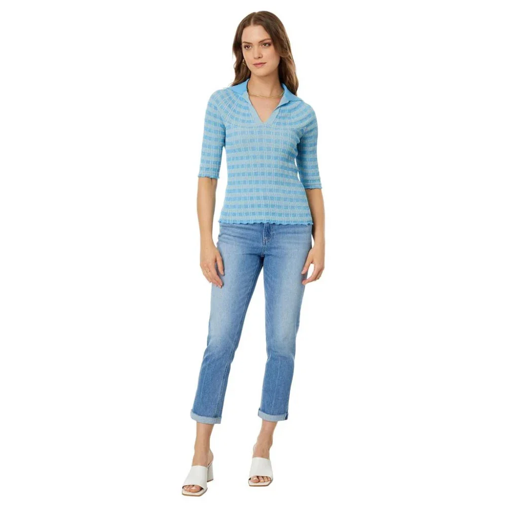 Rosetta Getty Polo Sweater Women's Blue Striped Short Sleeve Classic FROG 3 - Image 3