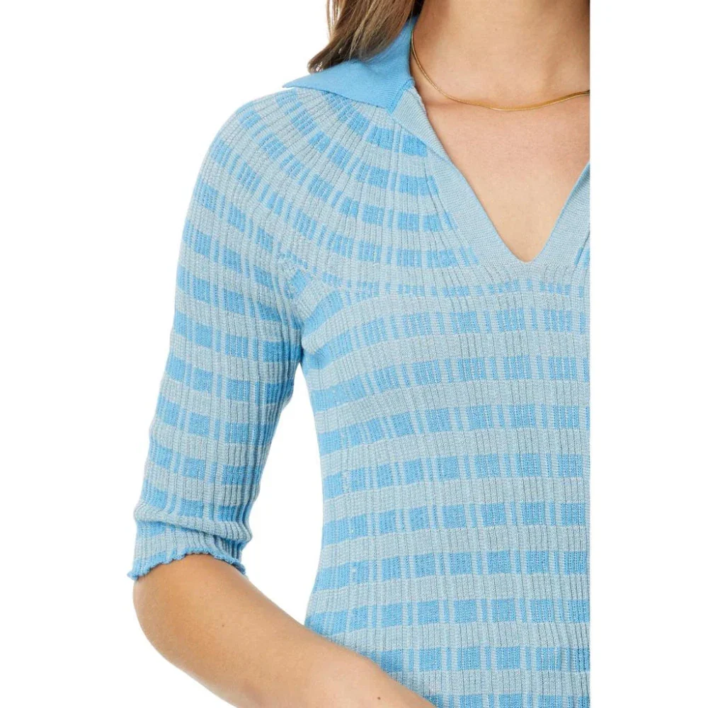 Rosetta Getty Polo Sweater Women's Blue Striped Short Sleeve Classic FROG 3 - Image 4