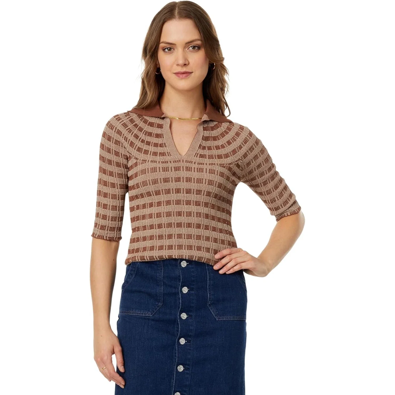 Rosetta Getty Polo Sweater Women's Toffee Striped Everyday Wear FROG470