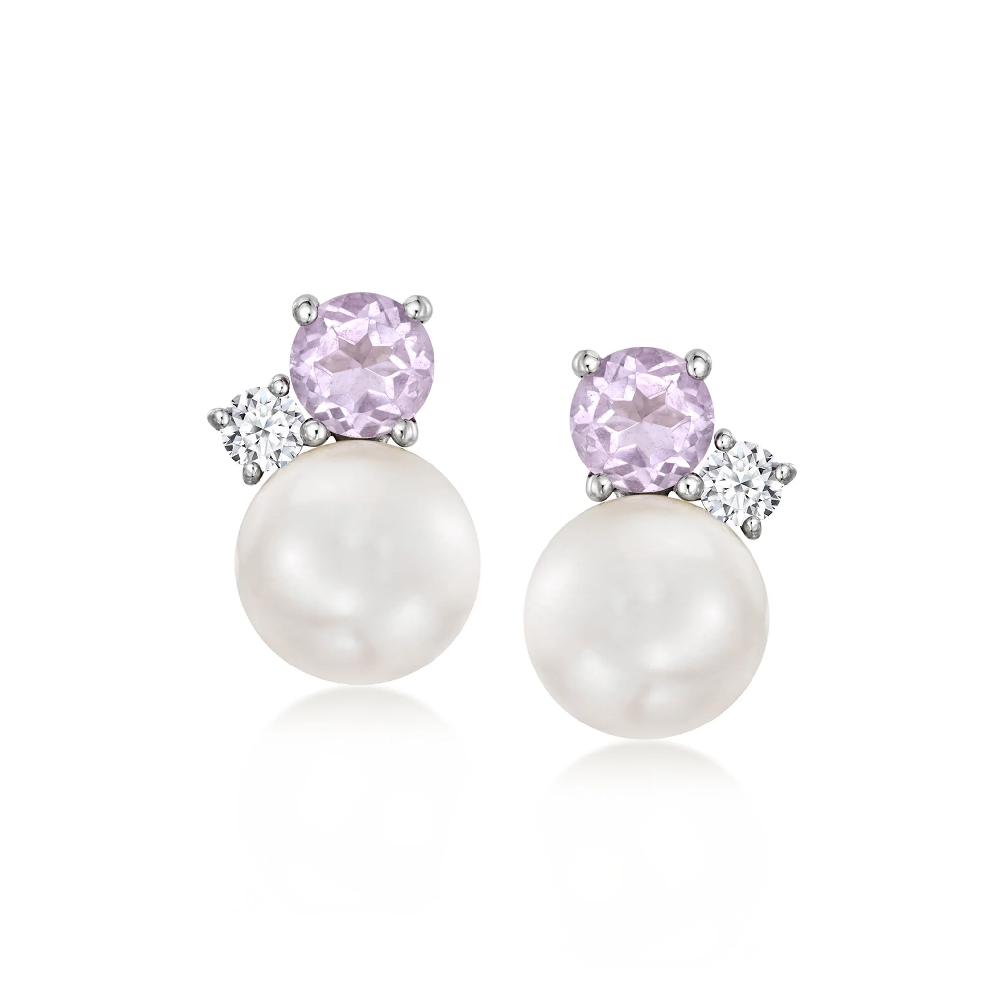 Ross-Simons 6.5mm Cultured Pearl and . Amethyst Earrings With . Lab-Grown Diamonds in Sterling Silver