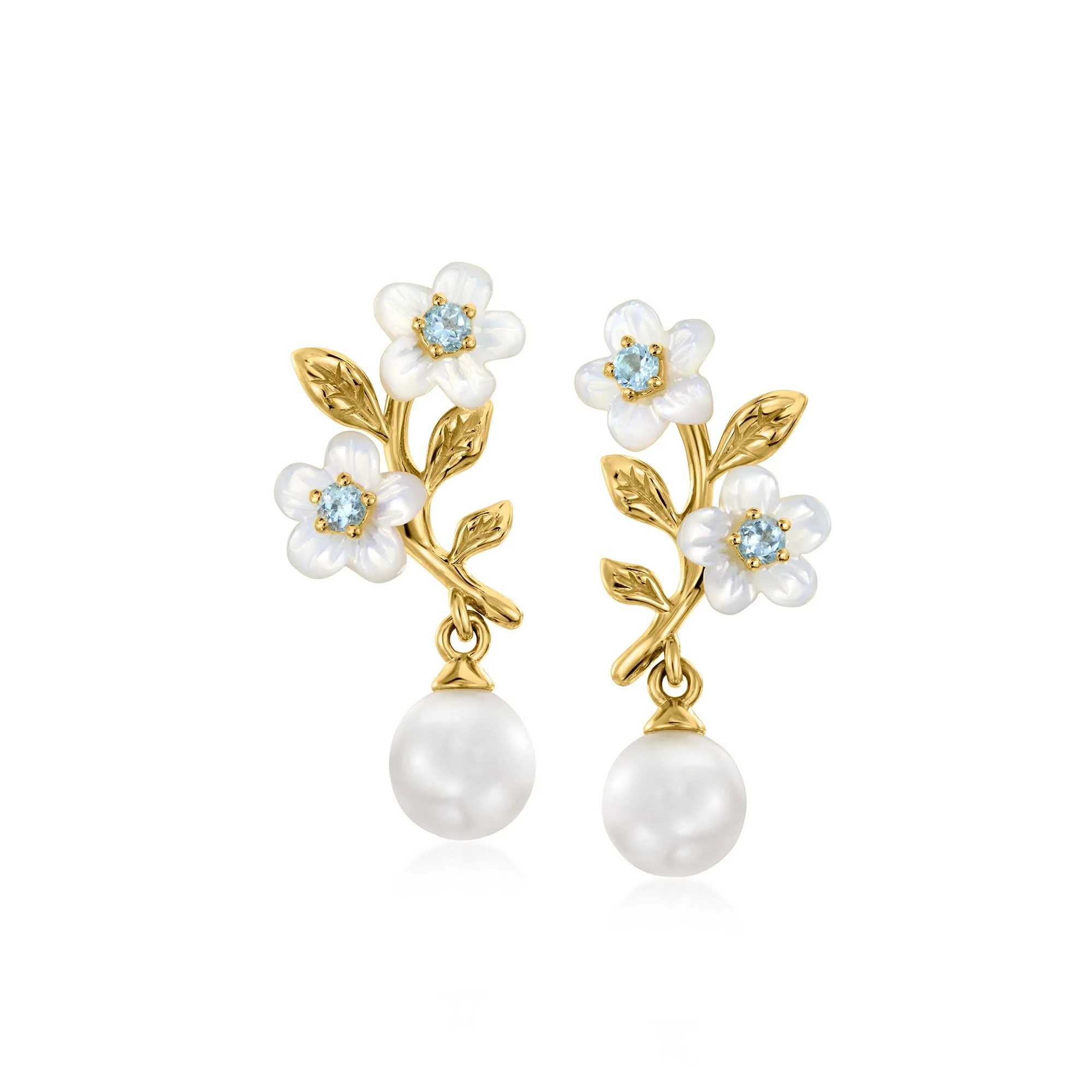 Ross-Simons Mother-Of-Pearl and 6-6.5mm Cultured Pearl Floral Drop Earrings With . Swiss Blue Topaz in 18kt Gold Over Sterling
