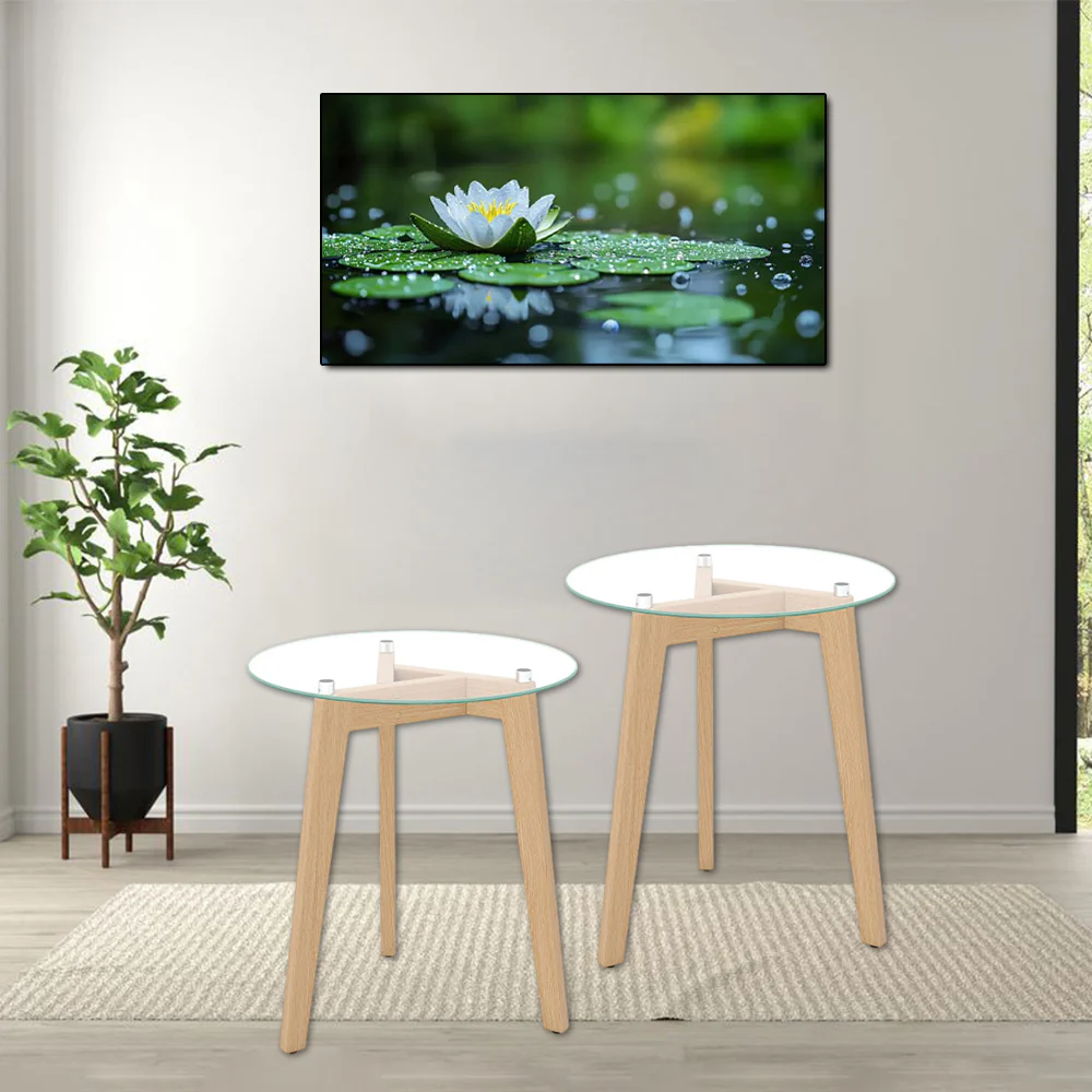 Round End Table with Tempered Glass Top and Sturdy Solid Rubberwood Frame