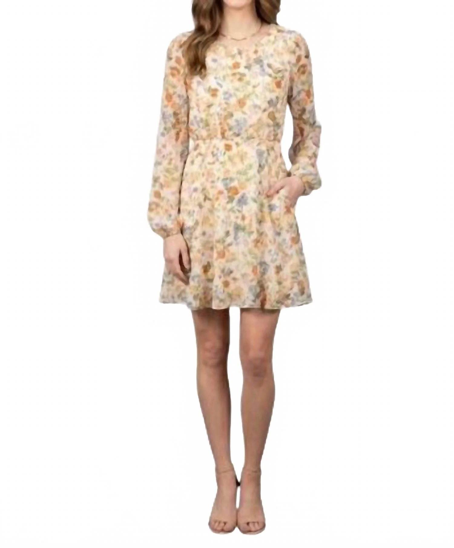 Round Neck Everyday Floral Long Sleeve Mini Dress In Multicolor