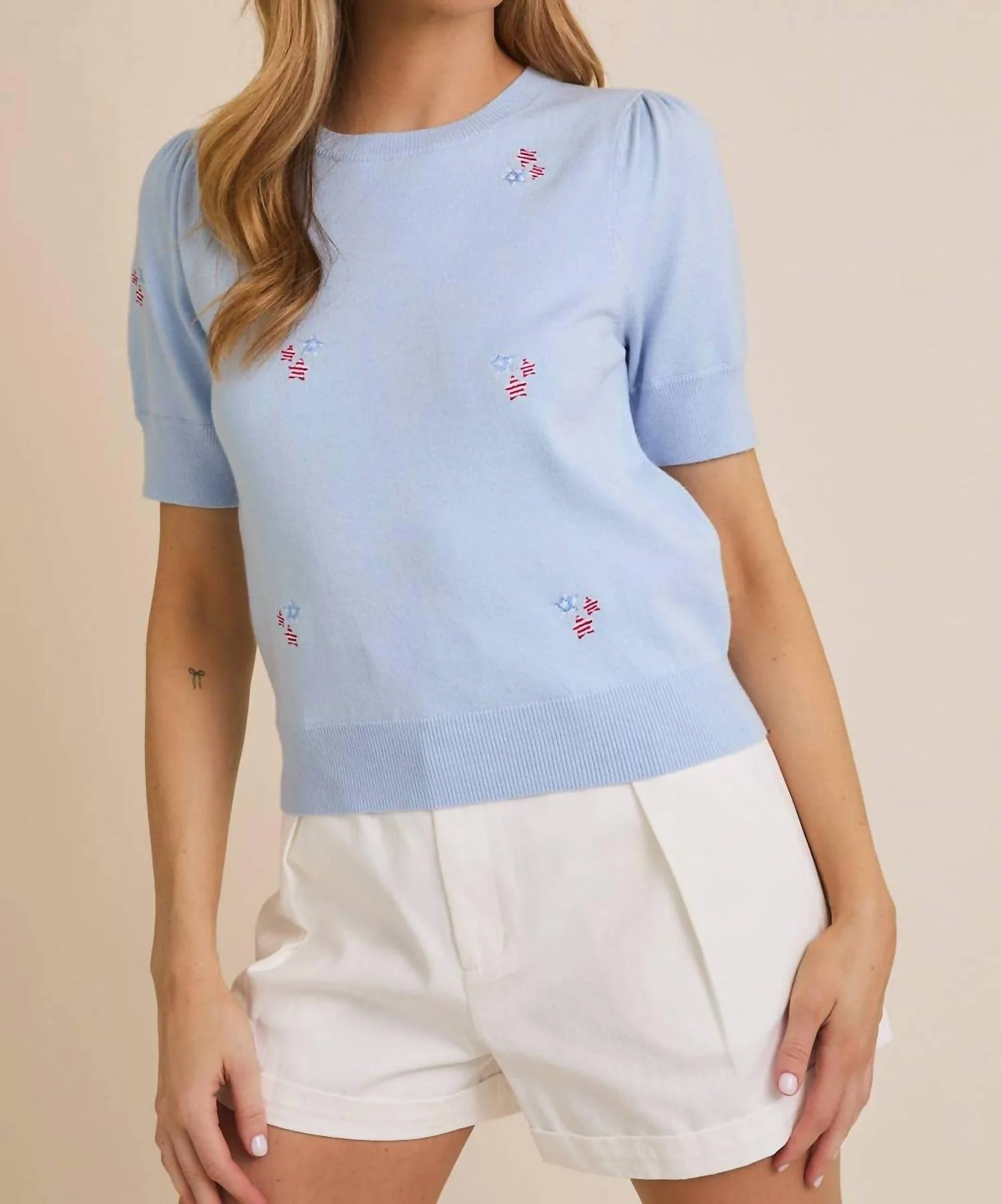 Round Neck Puff Sleeve Star Embroidered Knit Top In Light Blue - Image 2