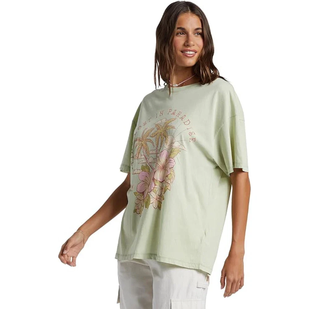 Roxy Hibiscus Paradise T-Shirt Women's Green Oversized Crew Neck DSGL1227 - Image 4