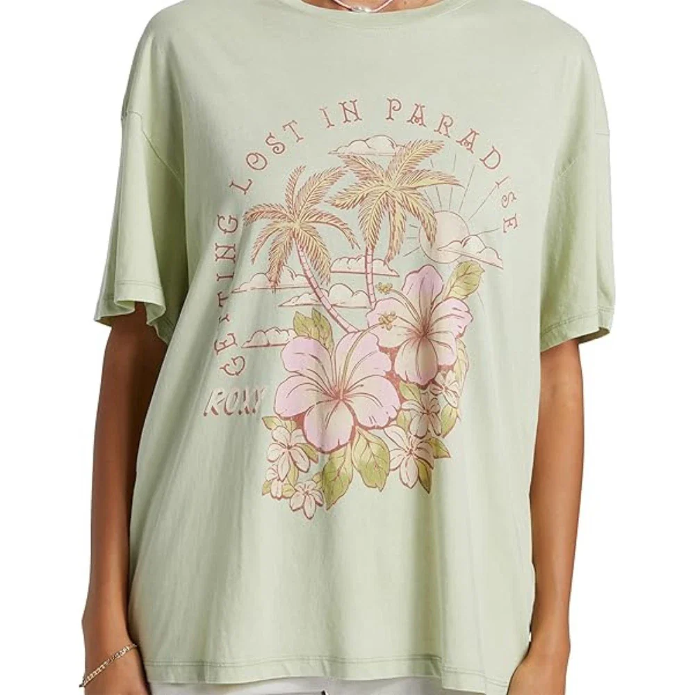 Roxy Hibiscus Paradise T-Shirt Women's Green Oversized Crew Neck DSGL1227 - Image 5
