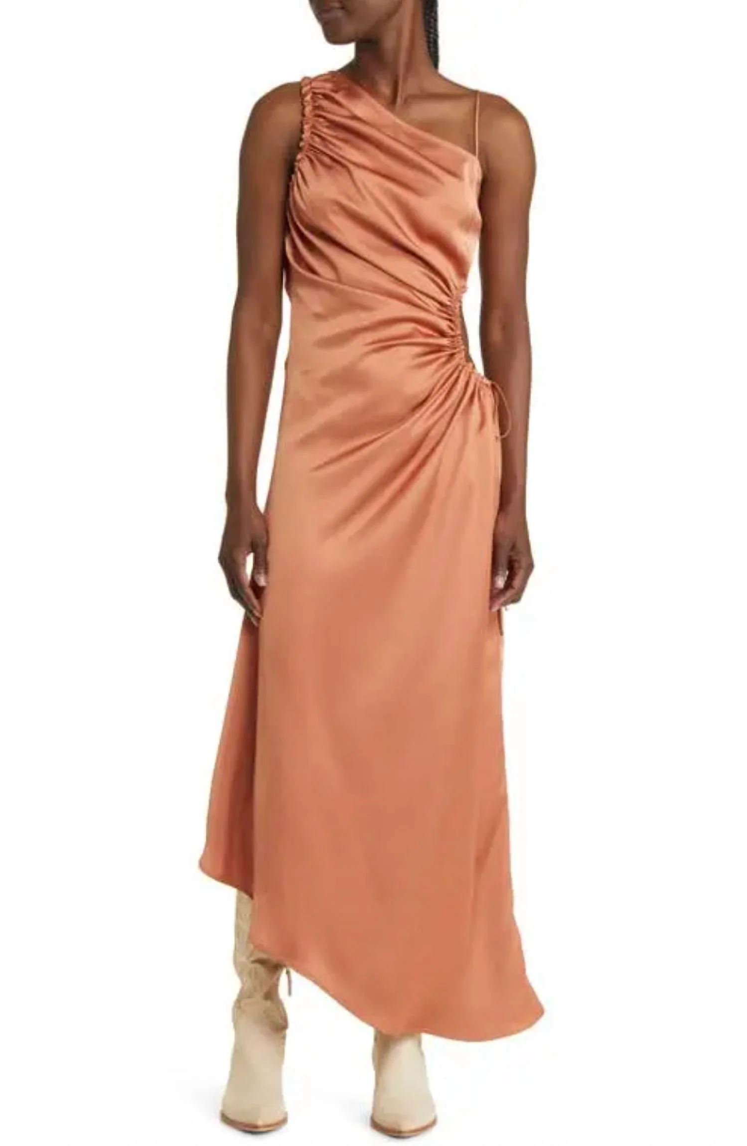 Ruched Asymmetric Satin Maxi Dress In Terracotta - Image 2