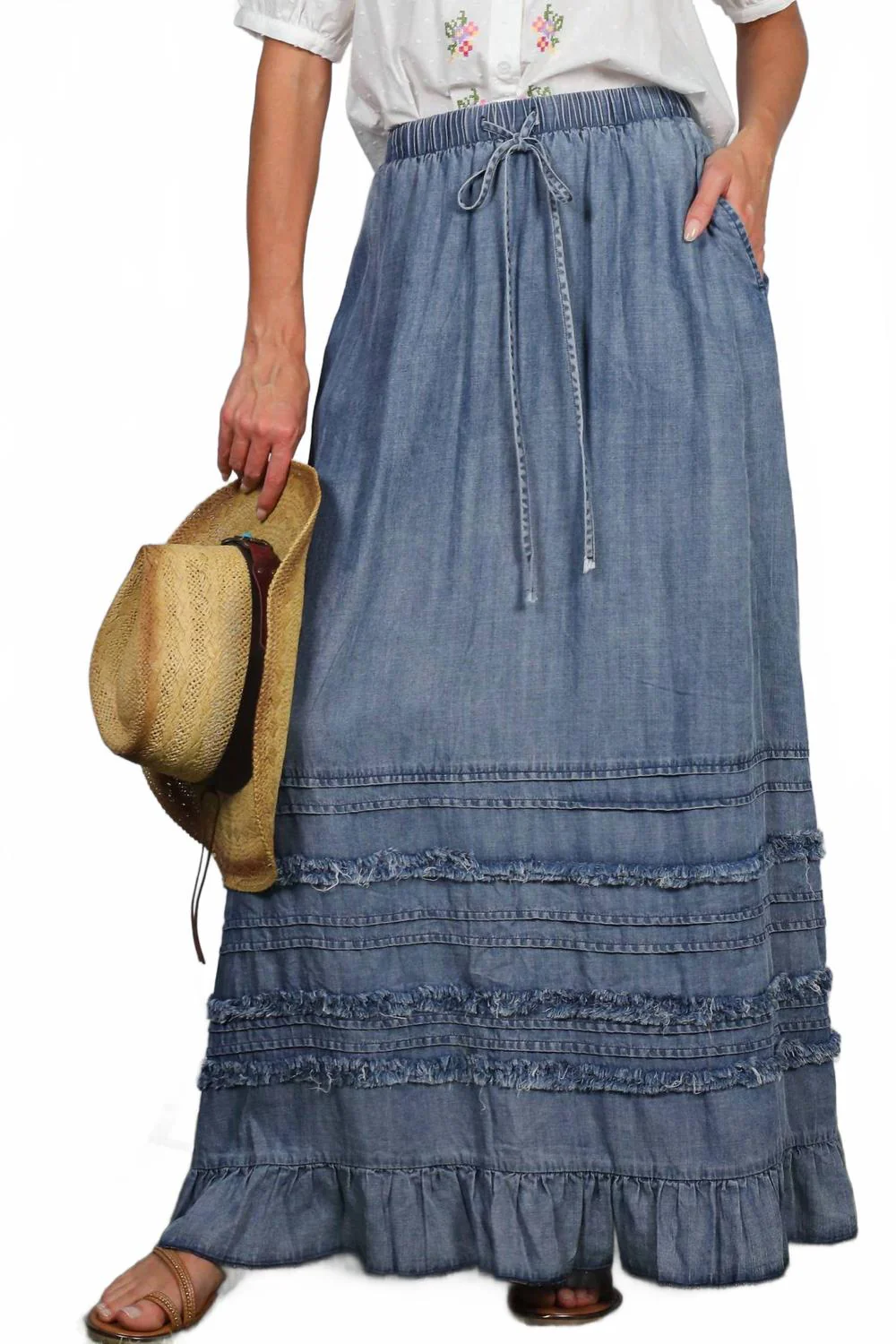Ruffle Frayed Hem Maxi Skirt In Washed Denim