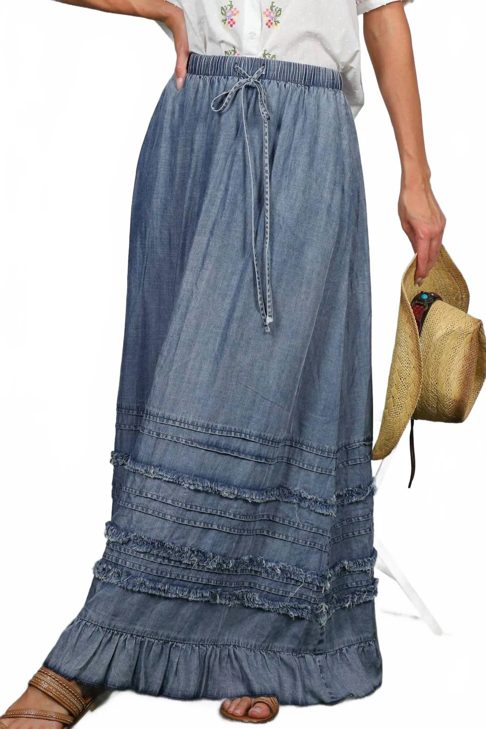 Ruffle Frayed Hem Maxi Skirt In Washed Denim - Image 2