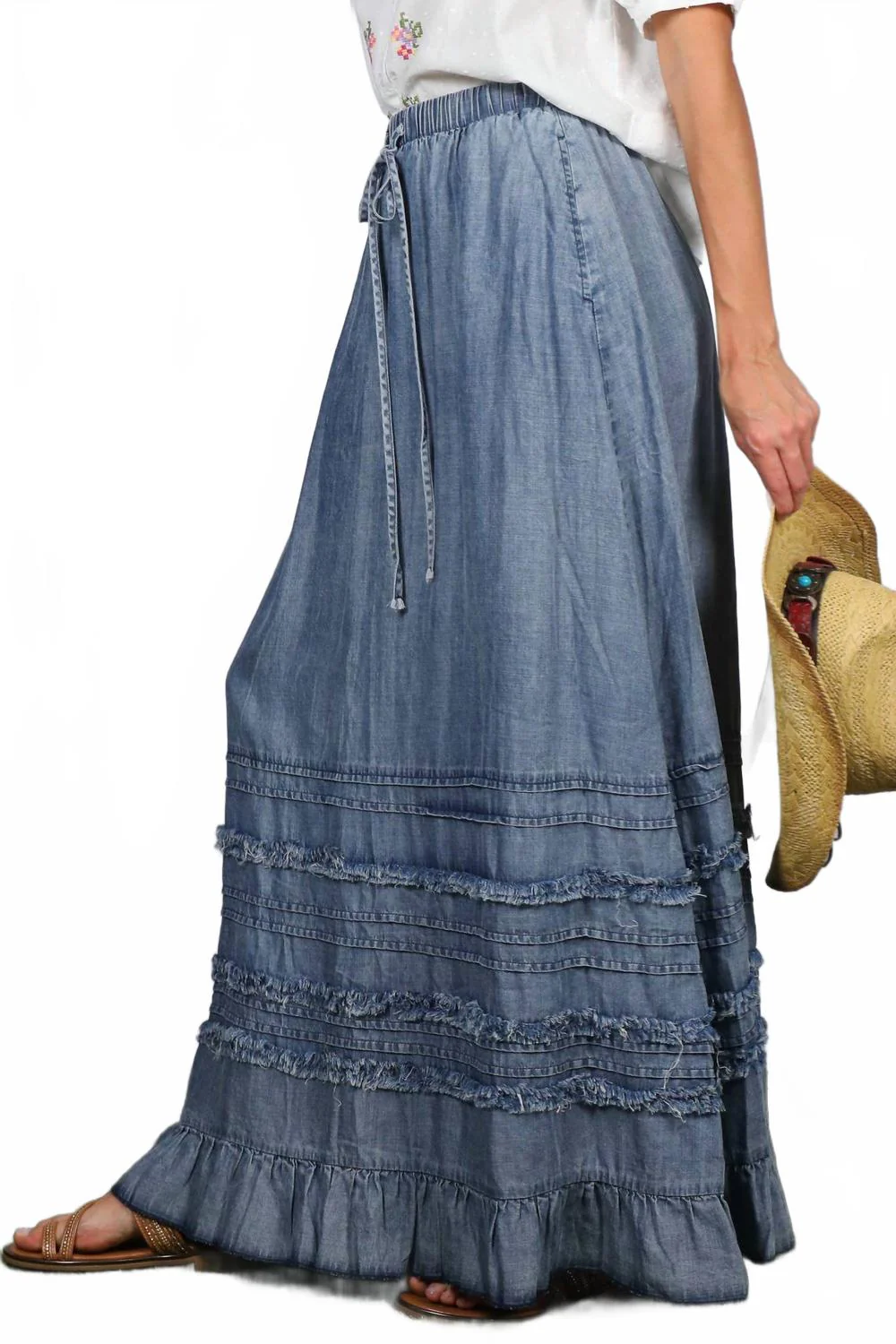 Ruffle Frayed Hem Maxi Skirt In Washed Denim - Image 3