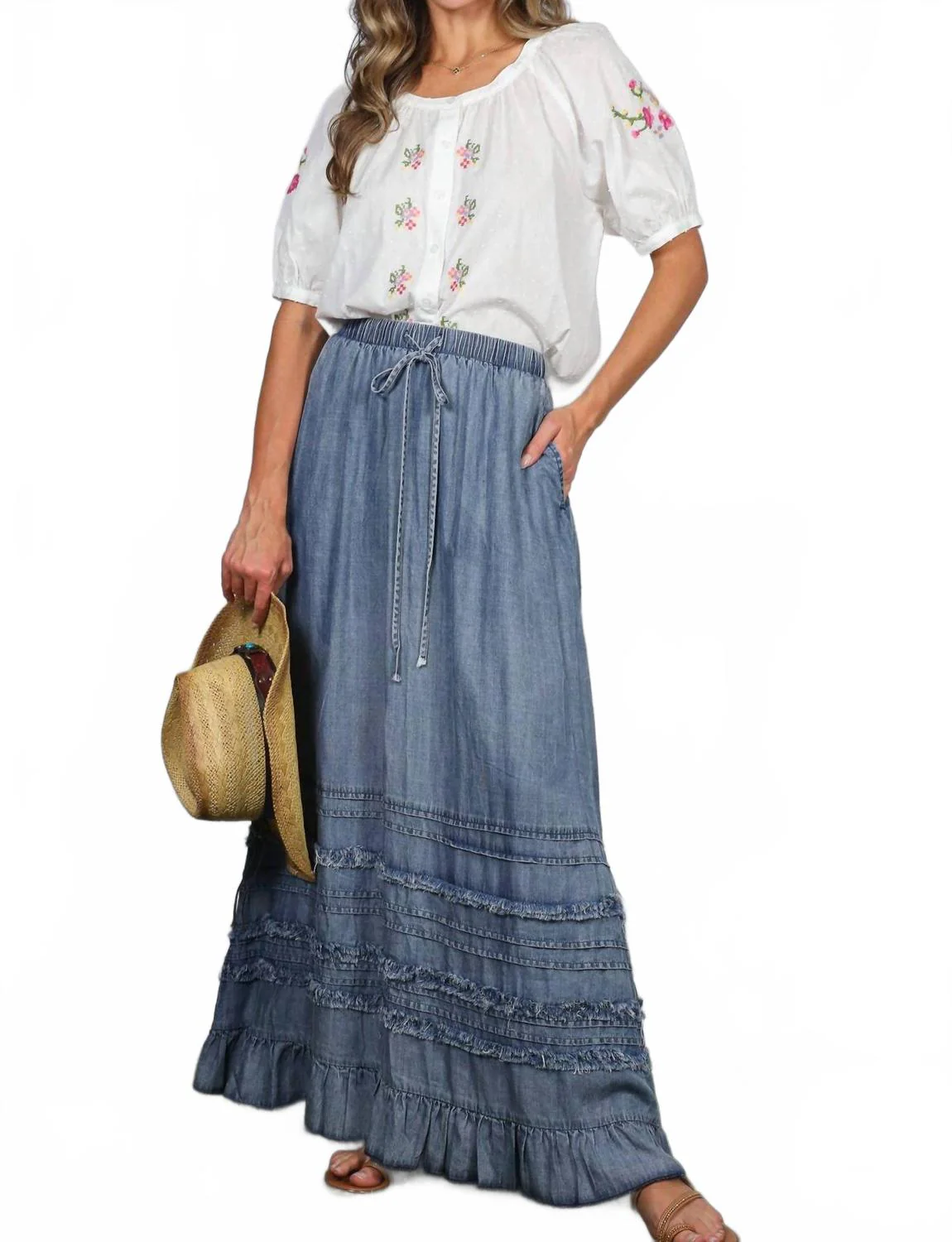 Ruffle Frayed Hem Maxi Skirt In Washed Denim - Image 4