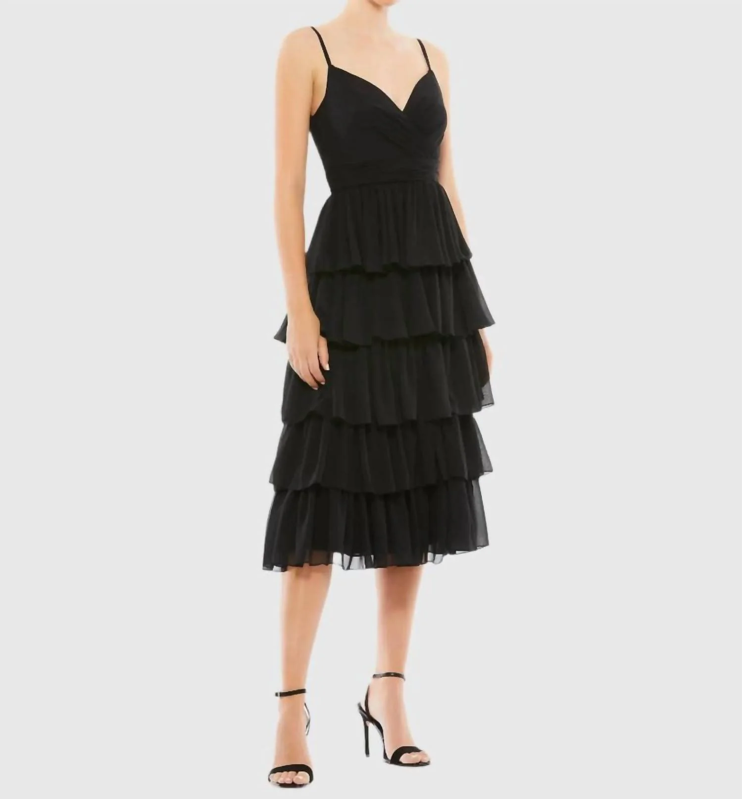 Ruffle Layered V-Neck Midi Dress In Black