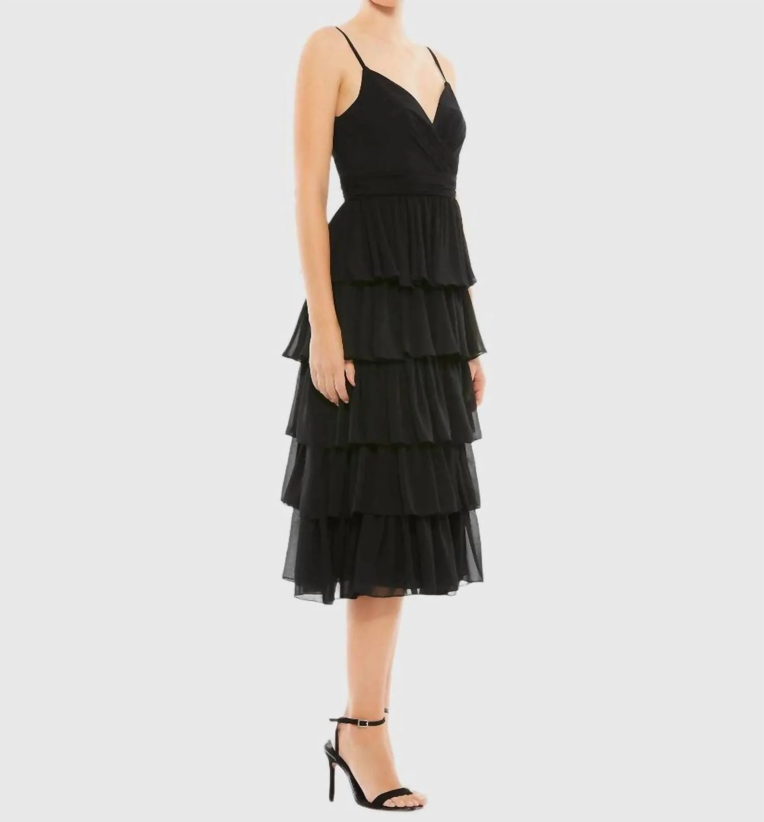 Ruffle Layered V-Neck Midi Dress In Black - Image 2