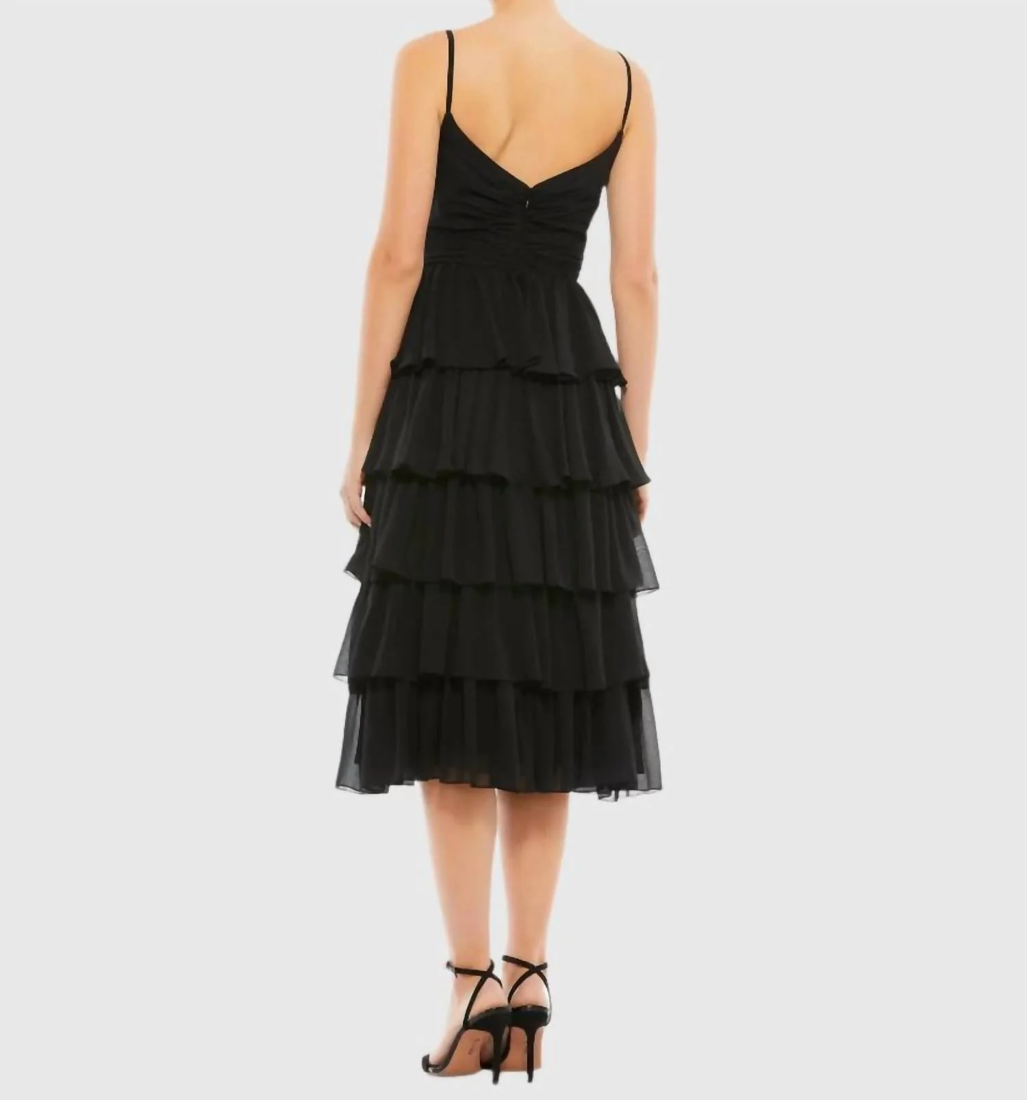 Ruffle Layered V-Neck Midi Dress In Black - Image 3