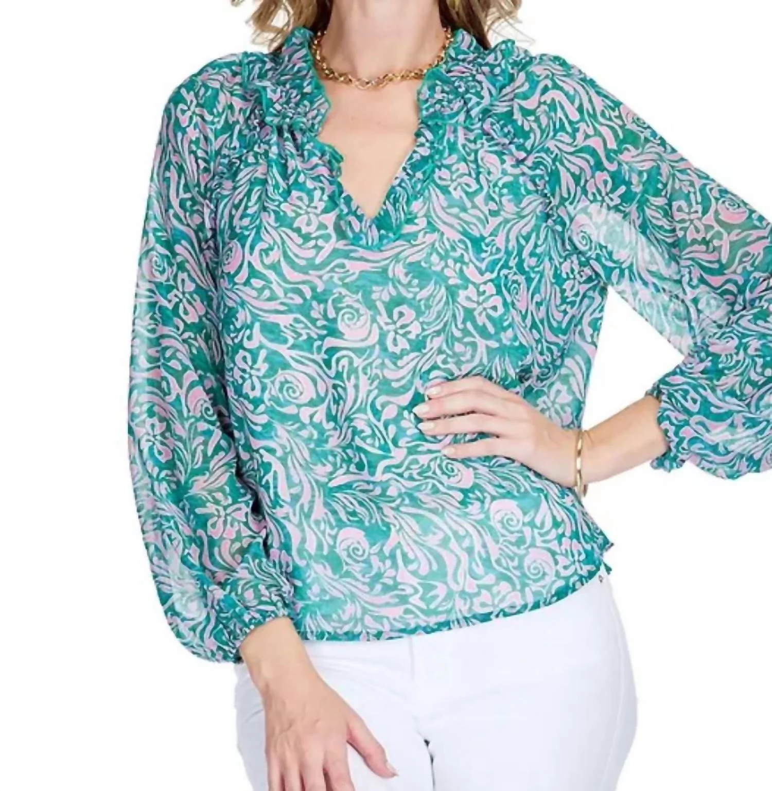 Ruffle Neck Blouse In Pink Vines - Image 2