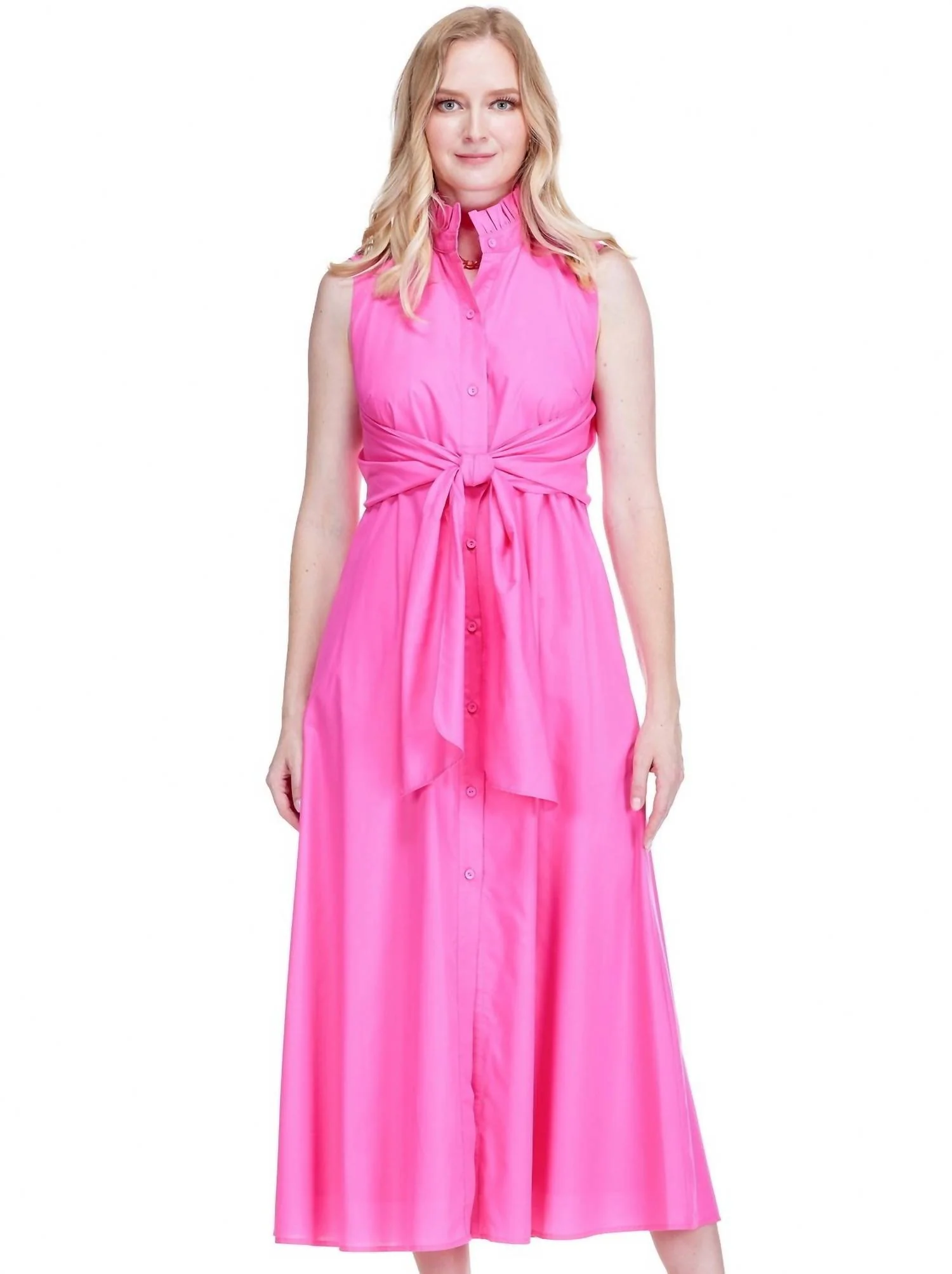 Ruffle-Neck City Midi Dress In Fuchsia